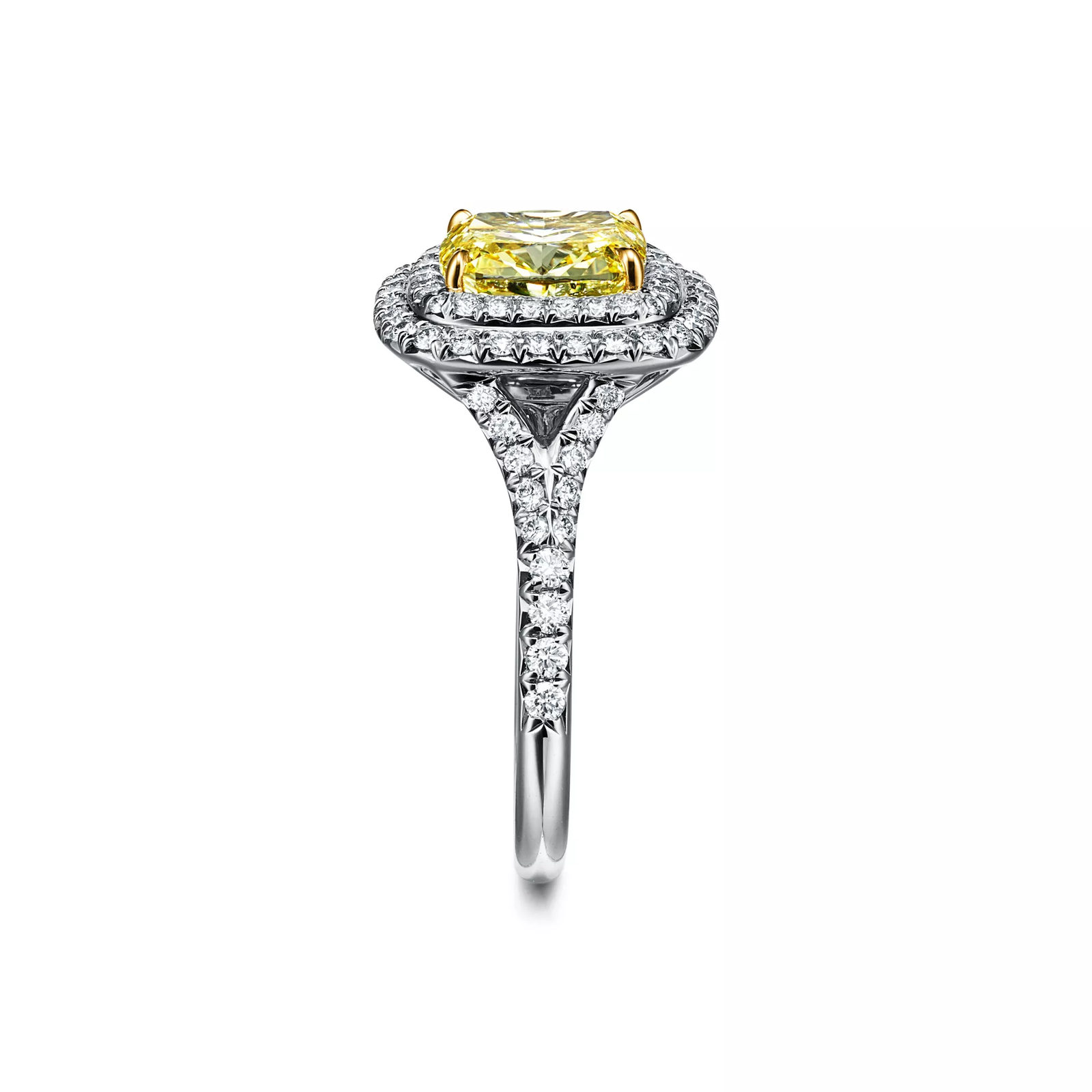Cushion-cut Yellow Diamond Halo Engagement Ring in Platinum