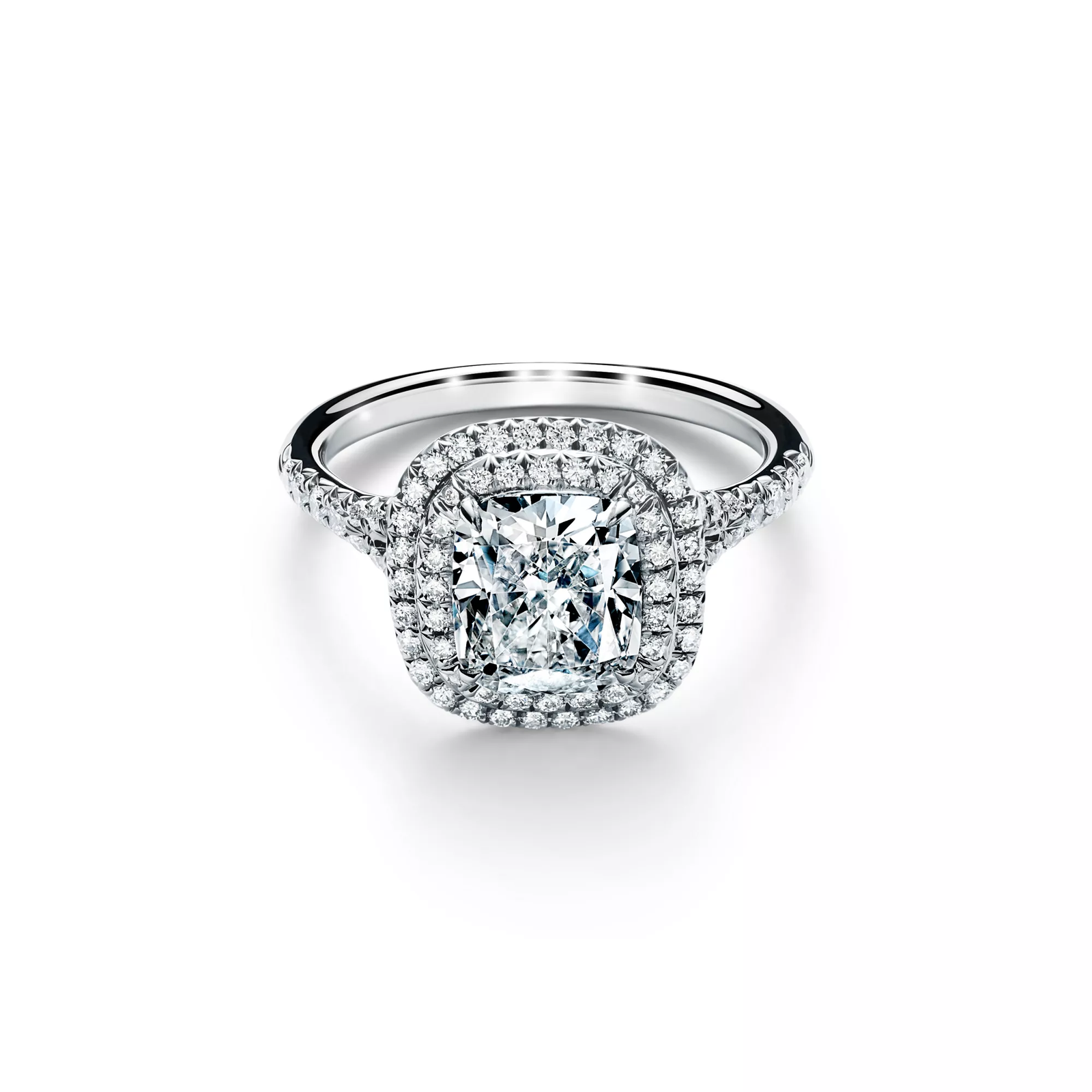 Cushion-cut Double Halo Engagement Ring with a Diamond Platinum Band
