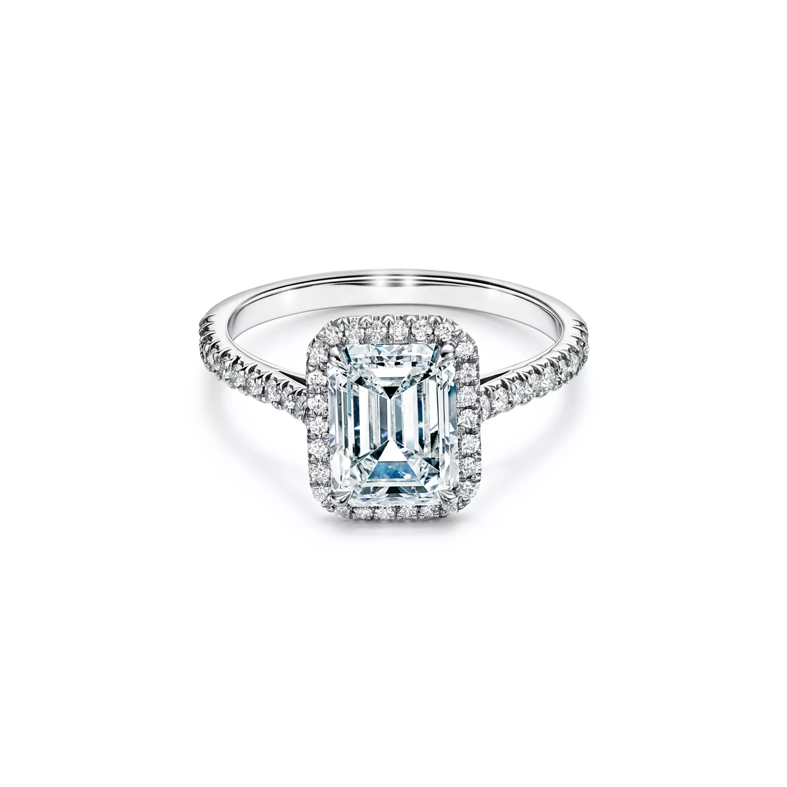 Emerald-cut Halo Engagement Ring with a Diamond Platinum Band