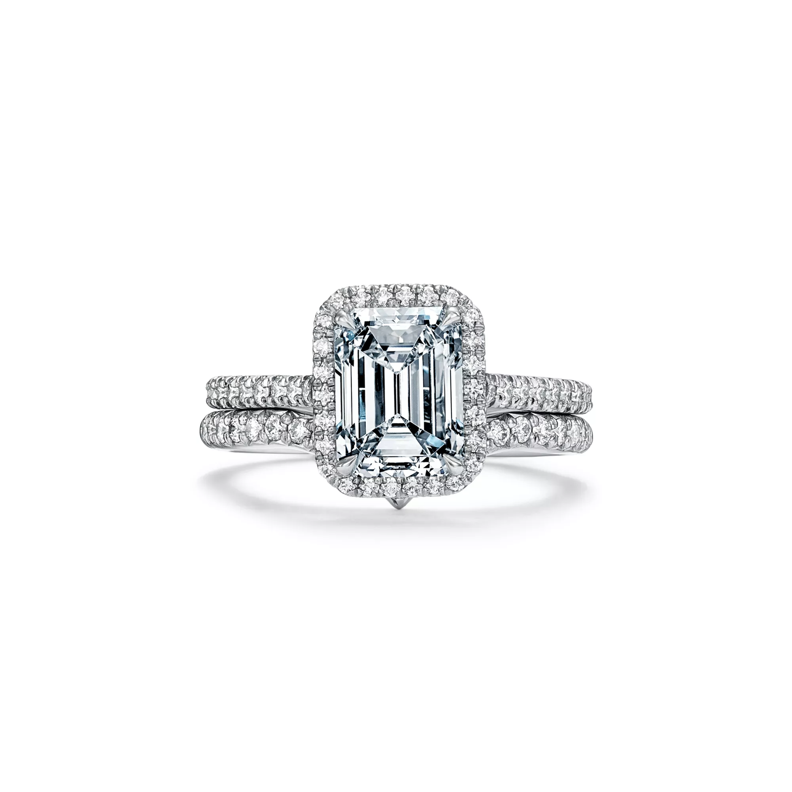 Emerald-cut Halo Engagement Ring with a Diamond Platinum Band