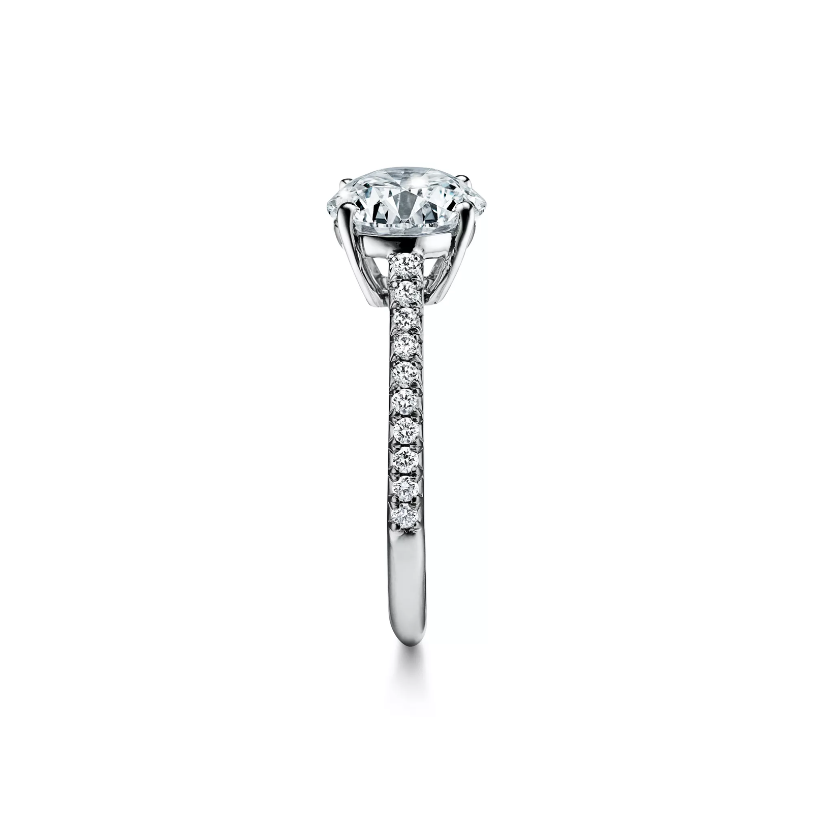 Round Brilliant Diamond Engagement Ring with a Pave Diamond Band in Platinum