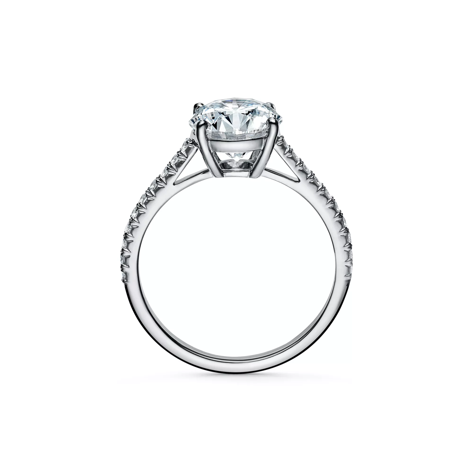 Round Brilliant Diamond Engagement Ring with a Pave Diamond Band in Platinum
