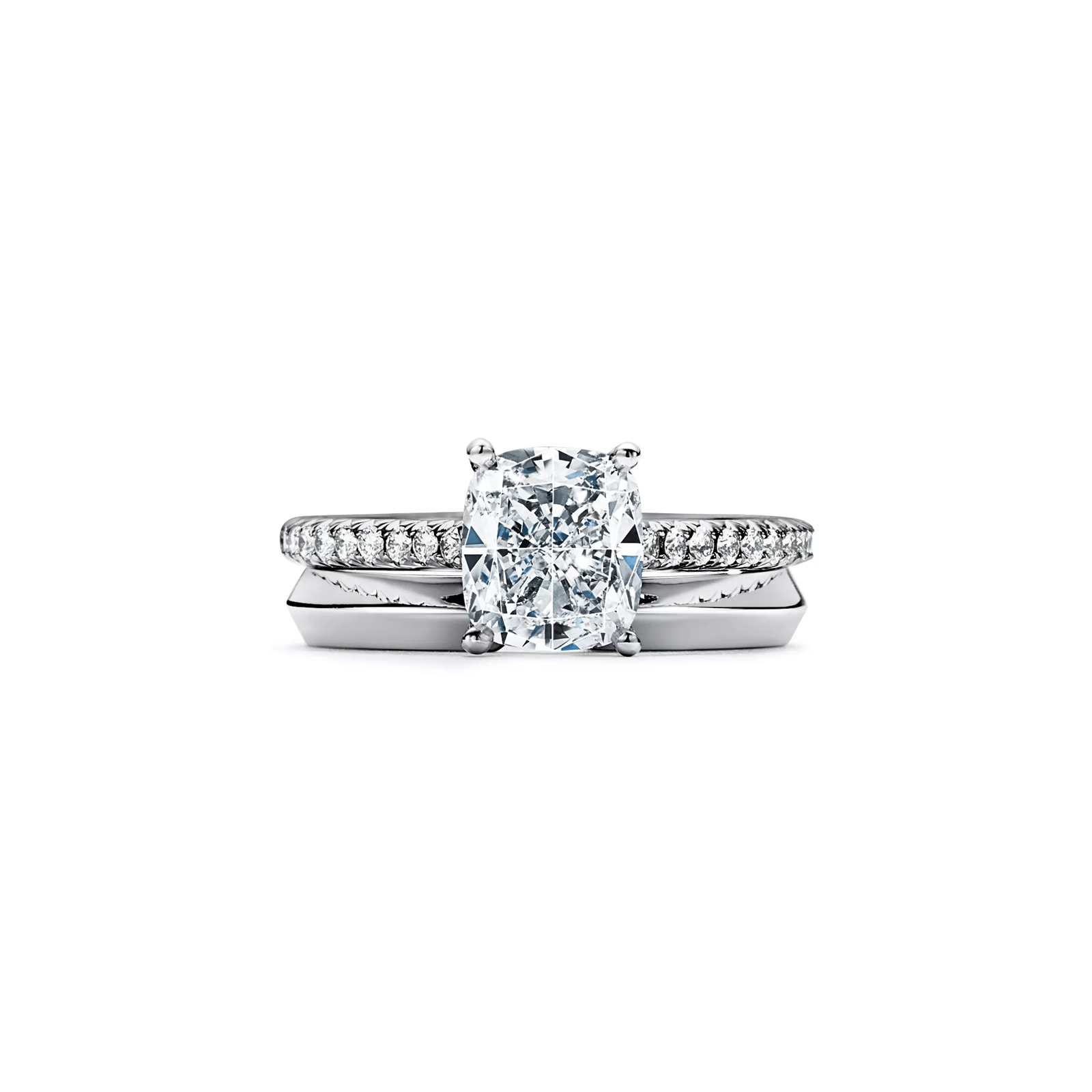 Cushion-cut Engagement Ring with a Pave Diamond Band in Platinum