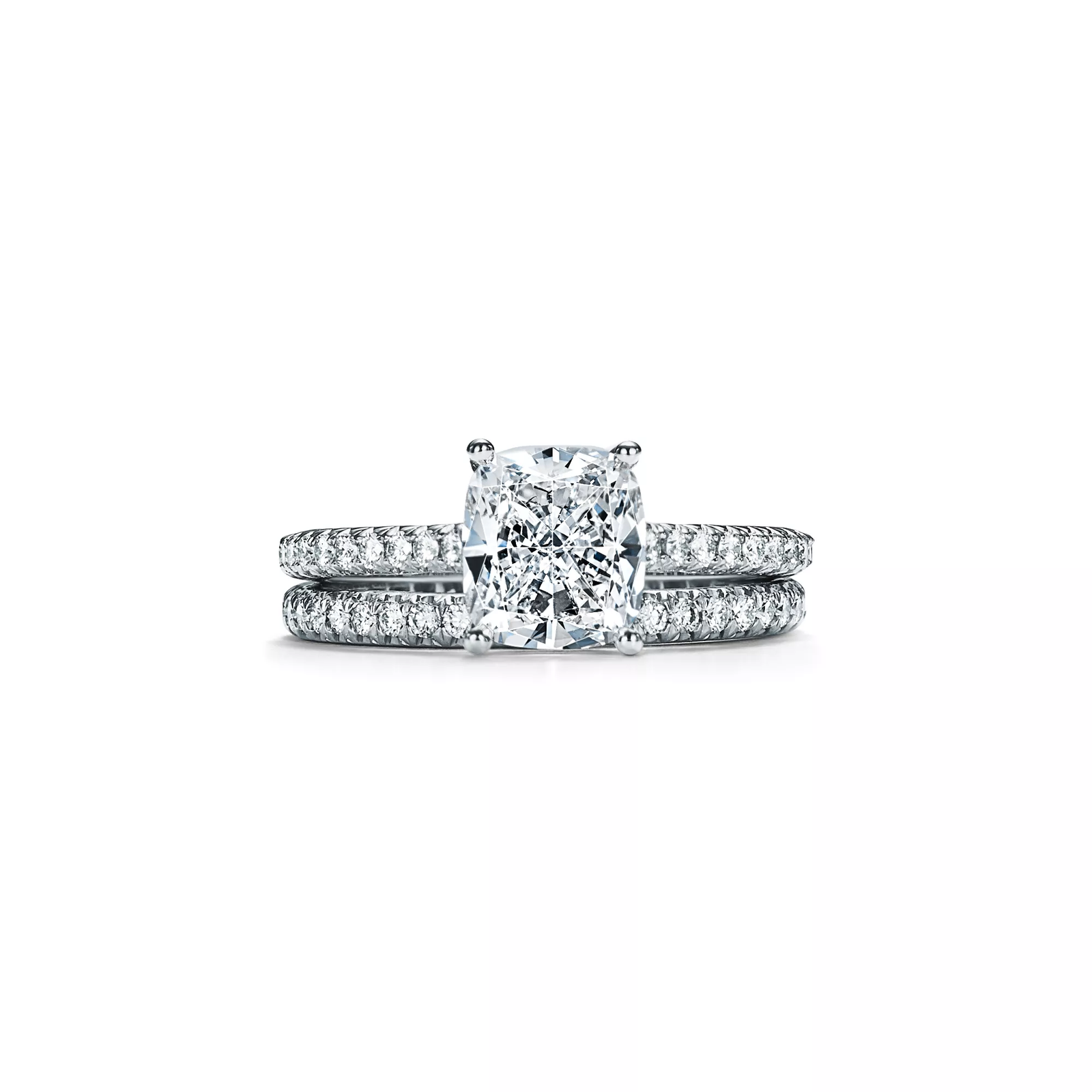 Cushion-cut Engagement Ring with a Pave Diamond Band in Platinum