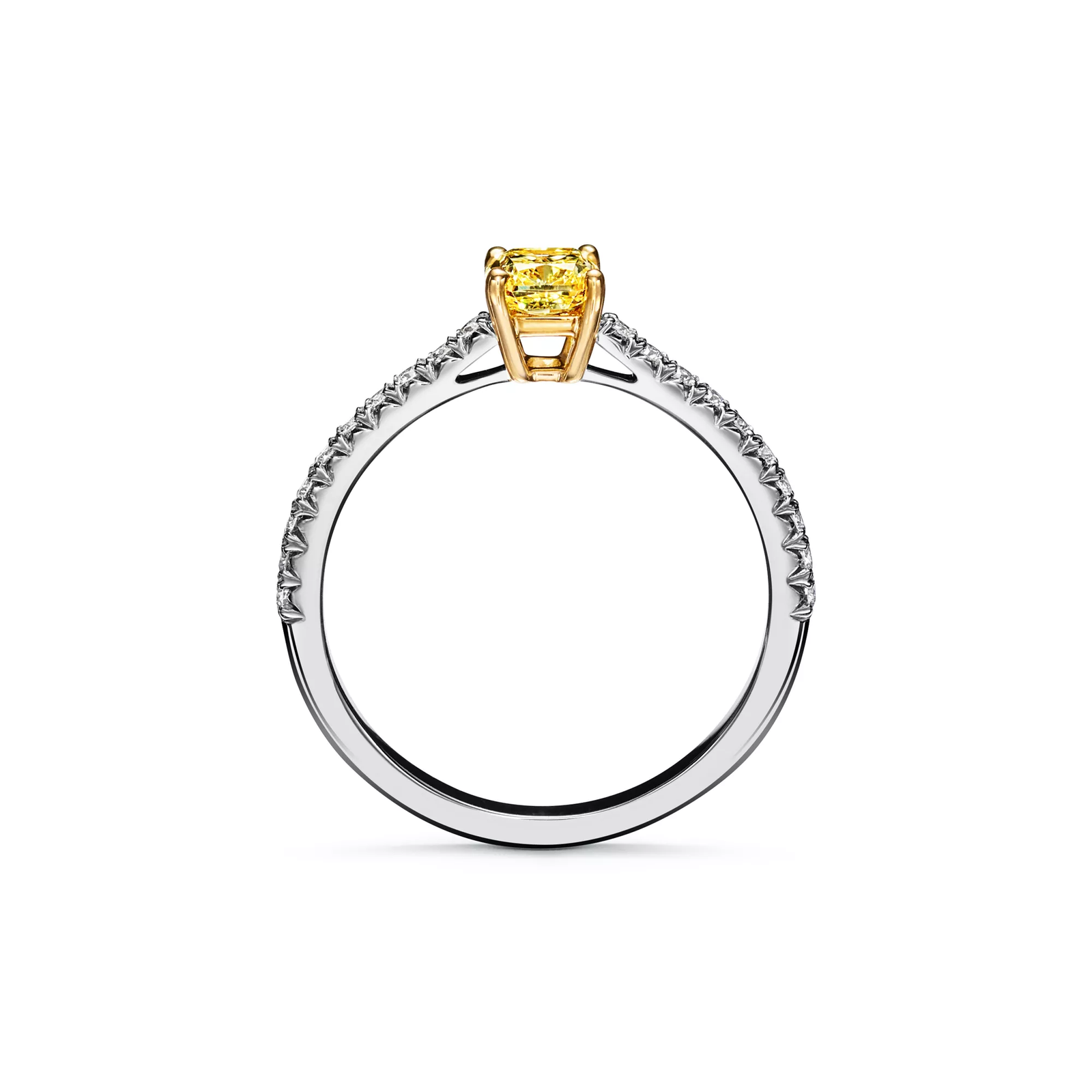Cushion-cut Yellow Diamond Engagement Ring with a Pave Diamond Band in Platinum