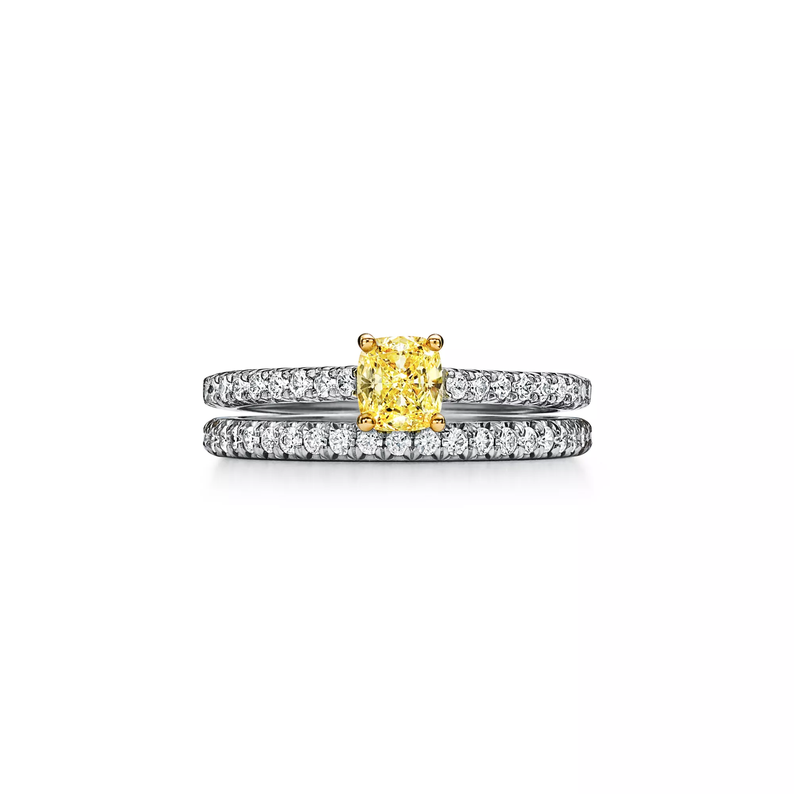 Cushion-cut Yellow Diamond Engagement Ring with a Pave Diamond Band in Platinum