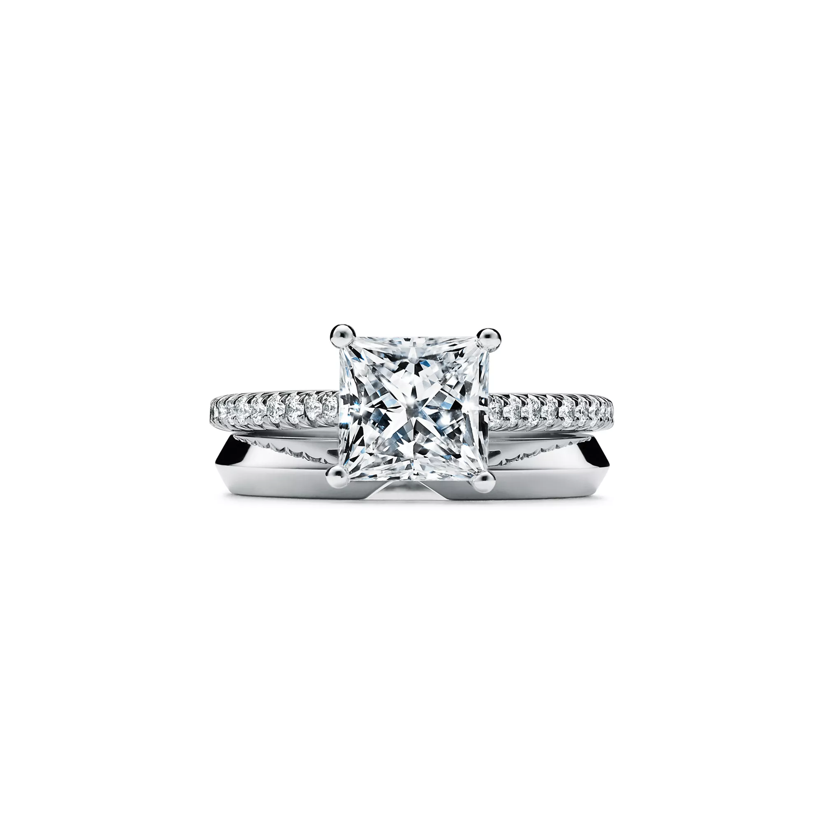 Princess-cut Engagement Ring with a Pave Diamond Band in Platinum