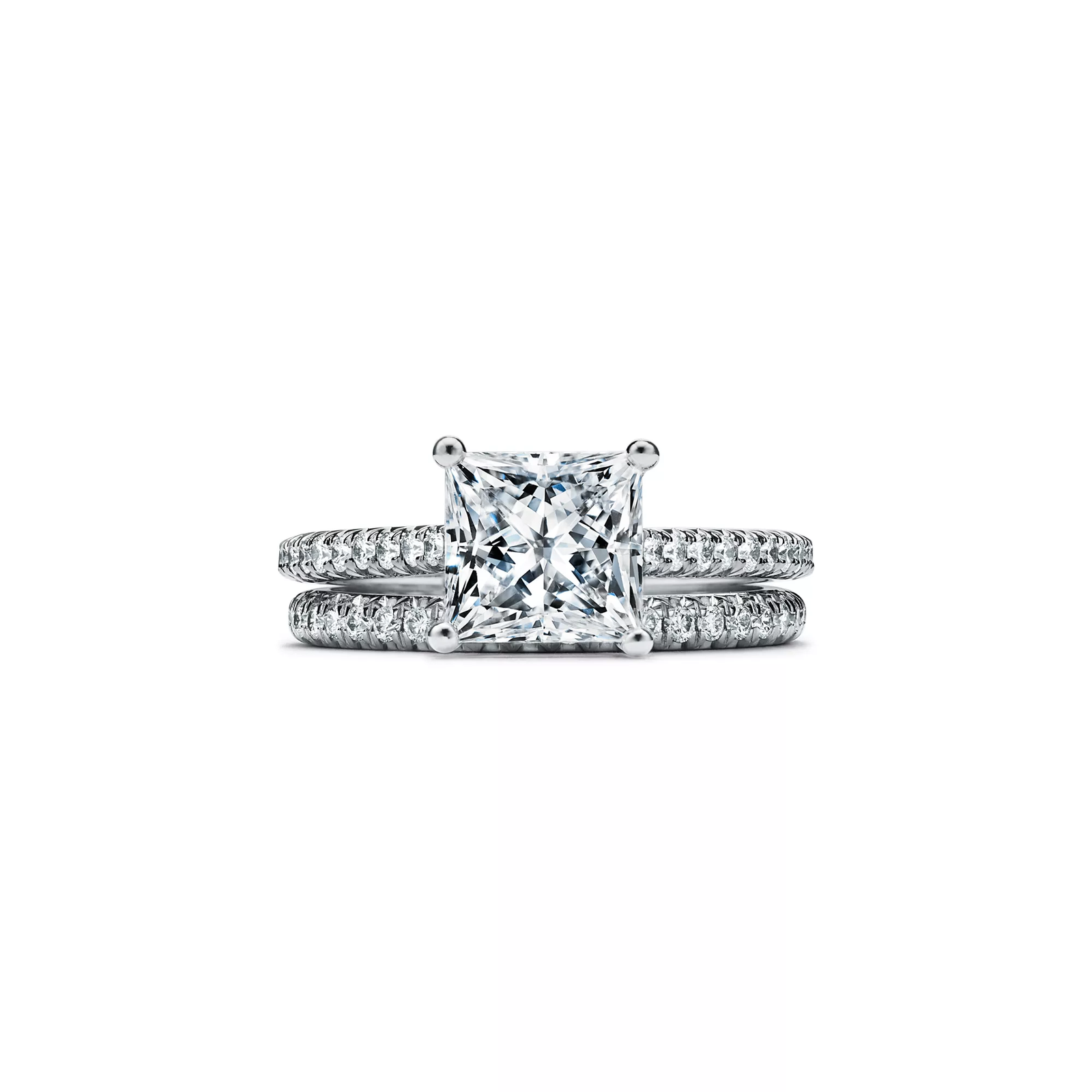 Princess-cut Engagement Ring with a Pave Diamond Band in Platinum