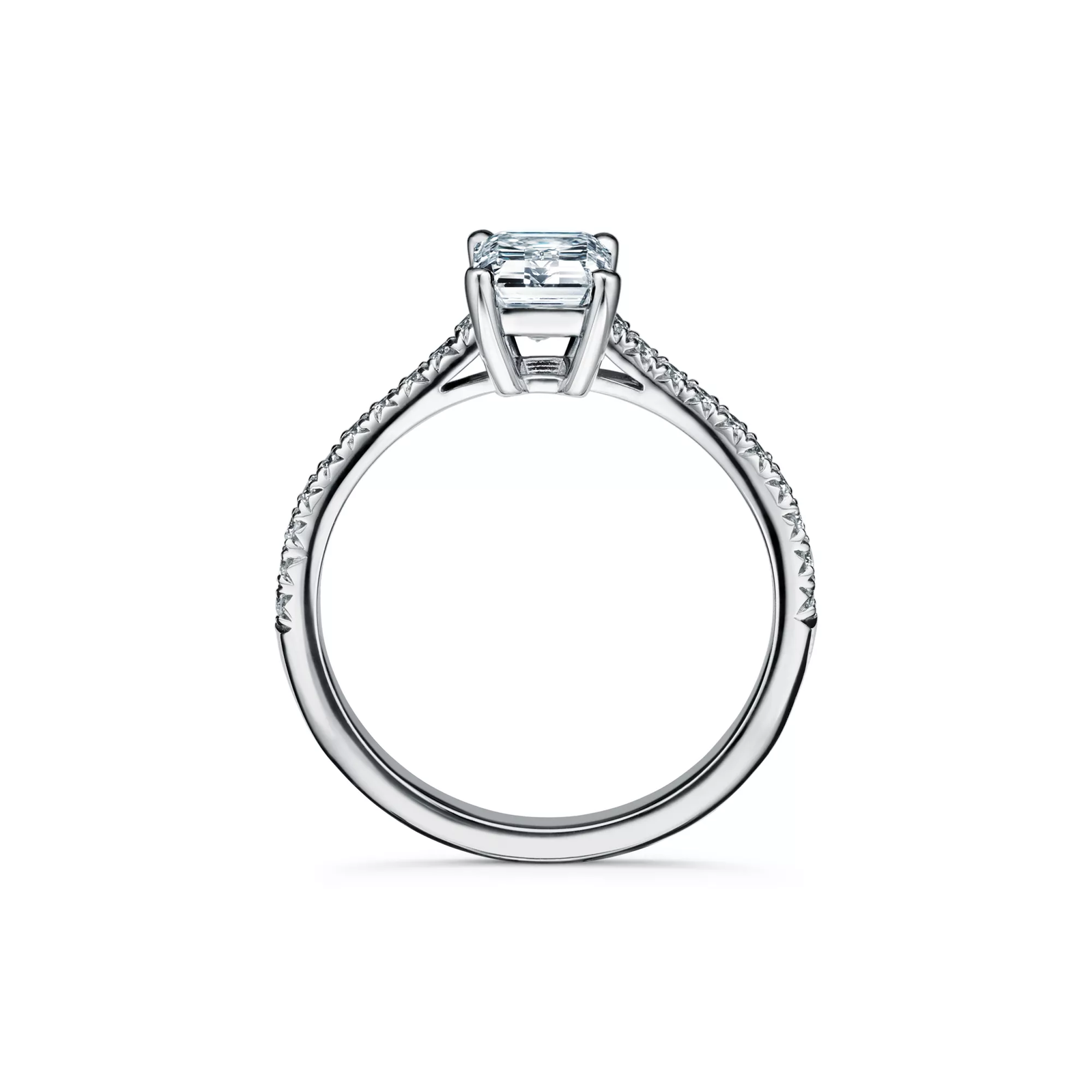 Emerald-cut Engagement Ring with a Pave Diamond Band in Platinum