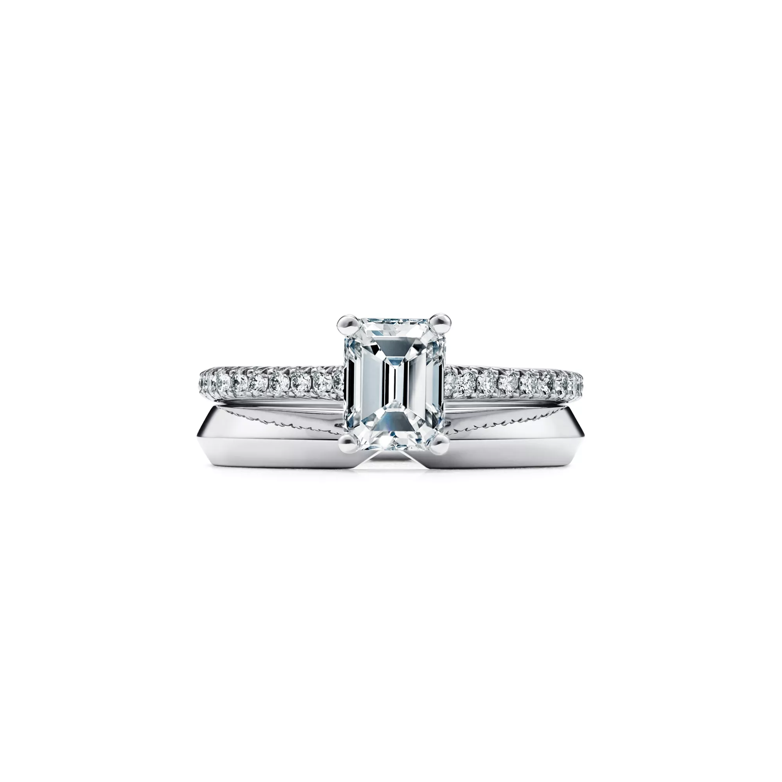Emerald-cut Engagement Ring with a Pave Diamond Band in Platinum