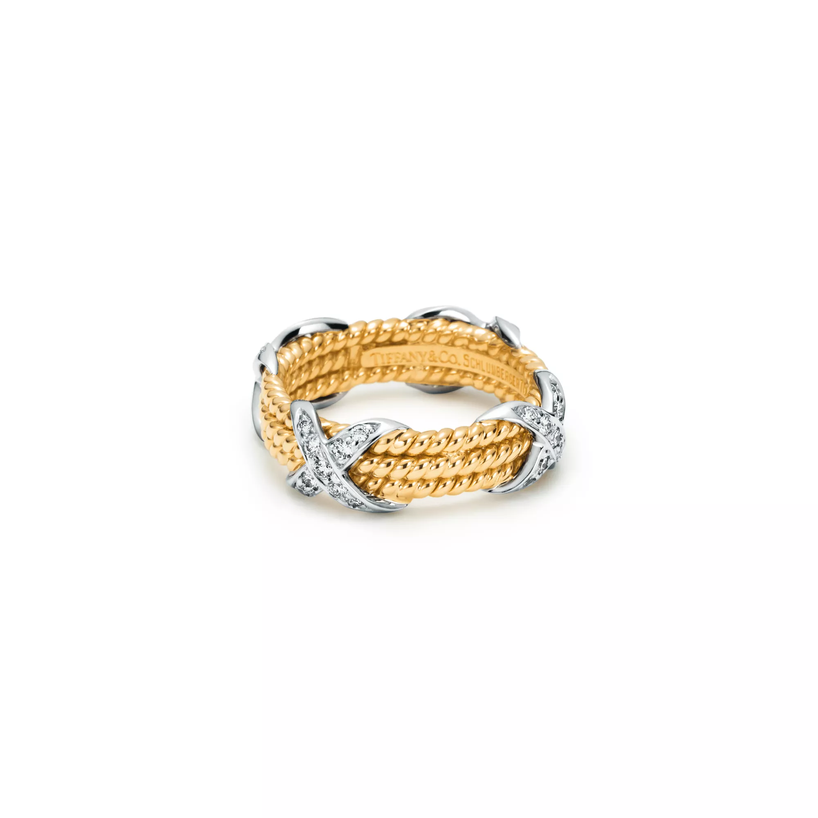 Three-row X Ring in Yellow Gold and Platinum with Diamonds