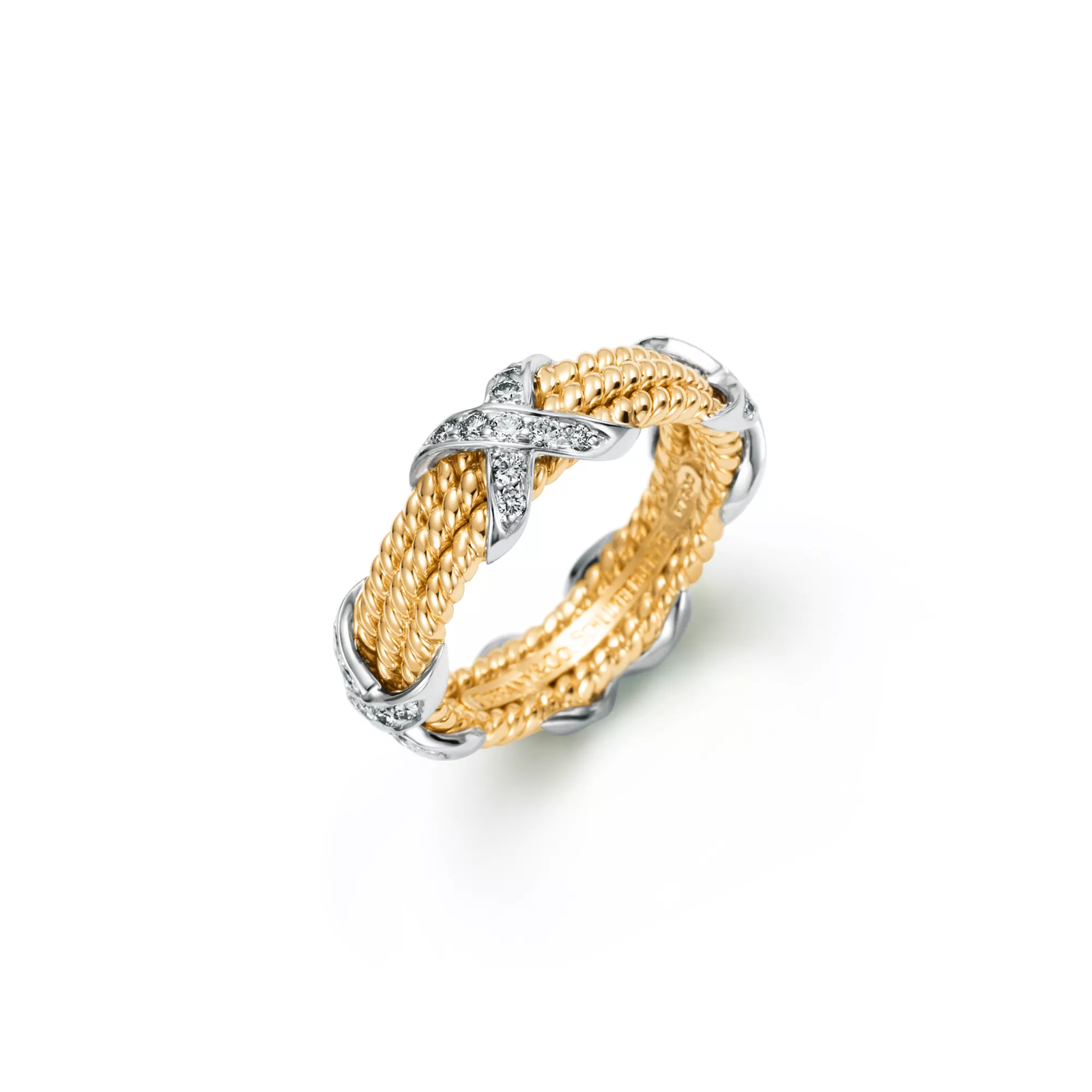 Three-row X Ring in Yellow Gold and Platinum with Diamonds