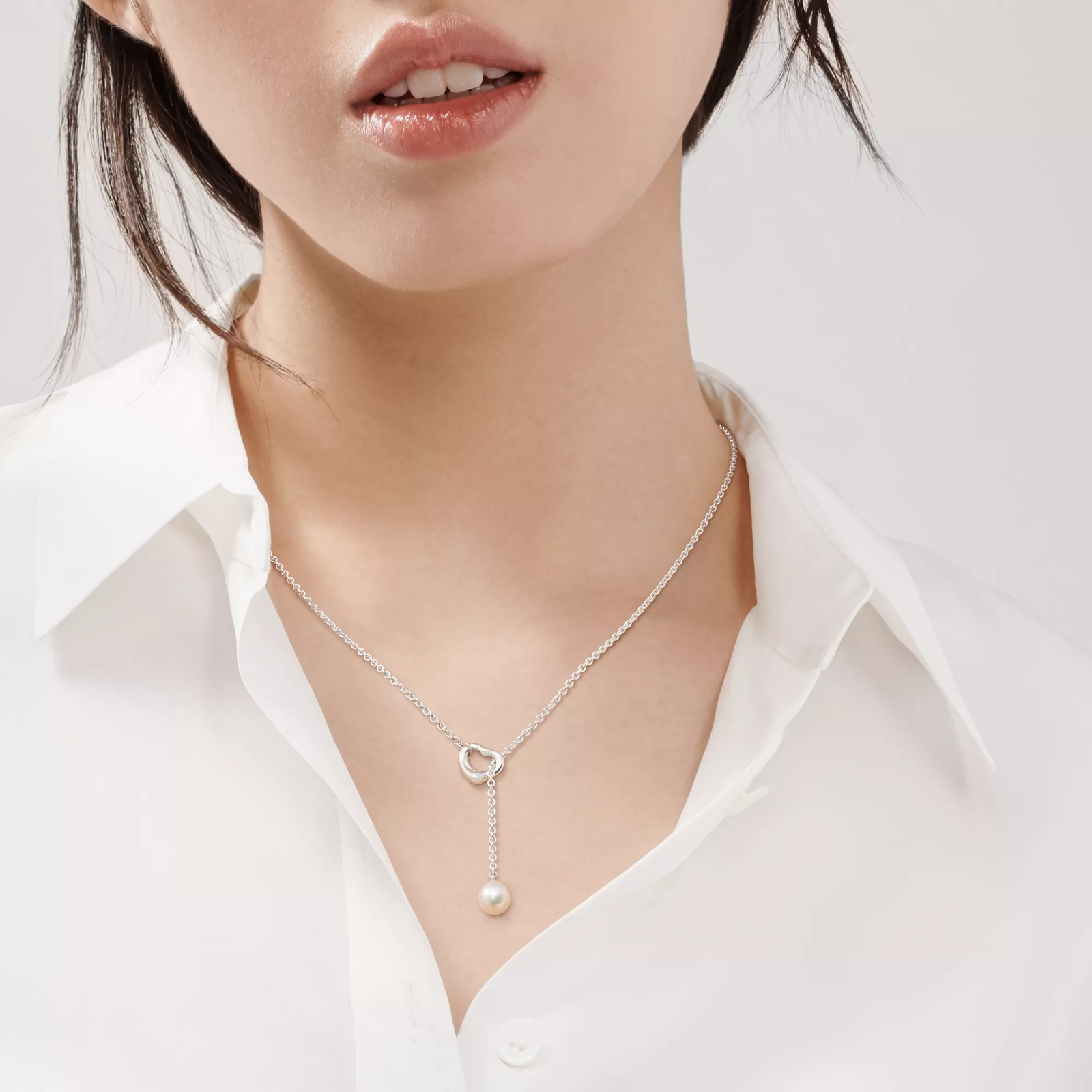 Open Heart Lariat Necklace in Silver with a Pearl
