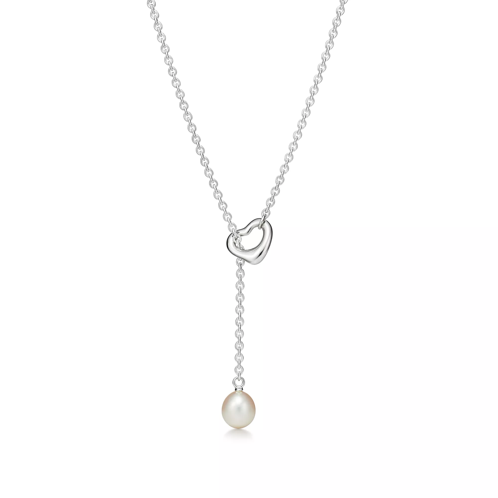 Open Heart Lariat Necklace in Silver with a Pearl