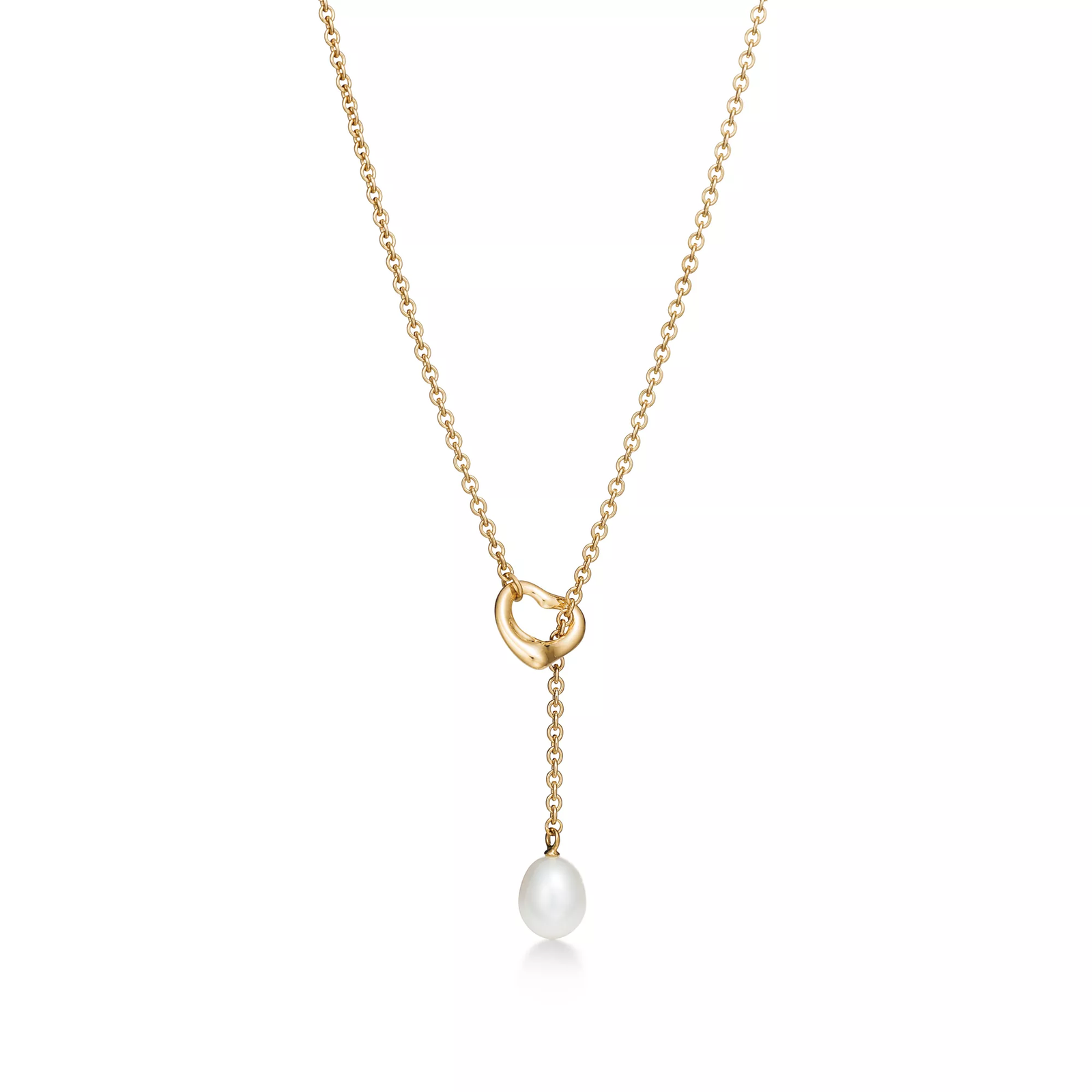 Open Heart Lariat Necklace in Yellow Gold with Pearls, 7.5-8 mm