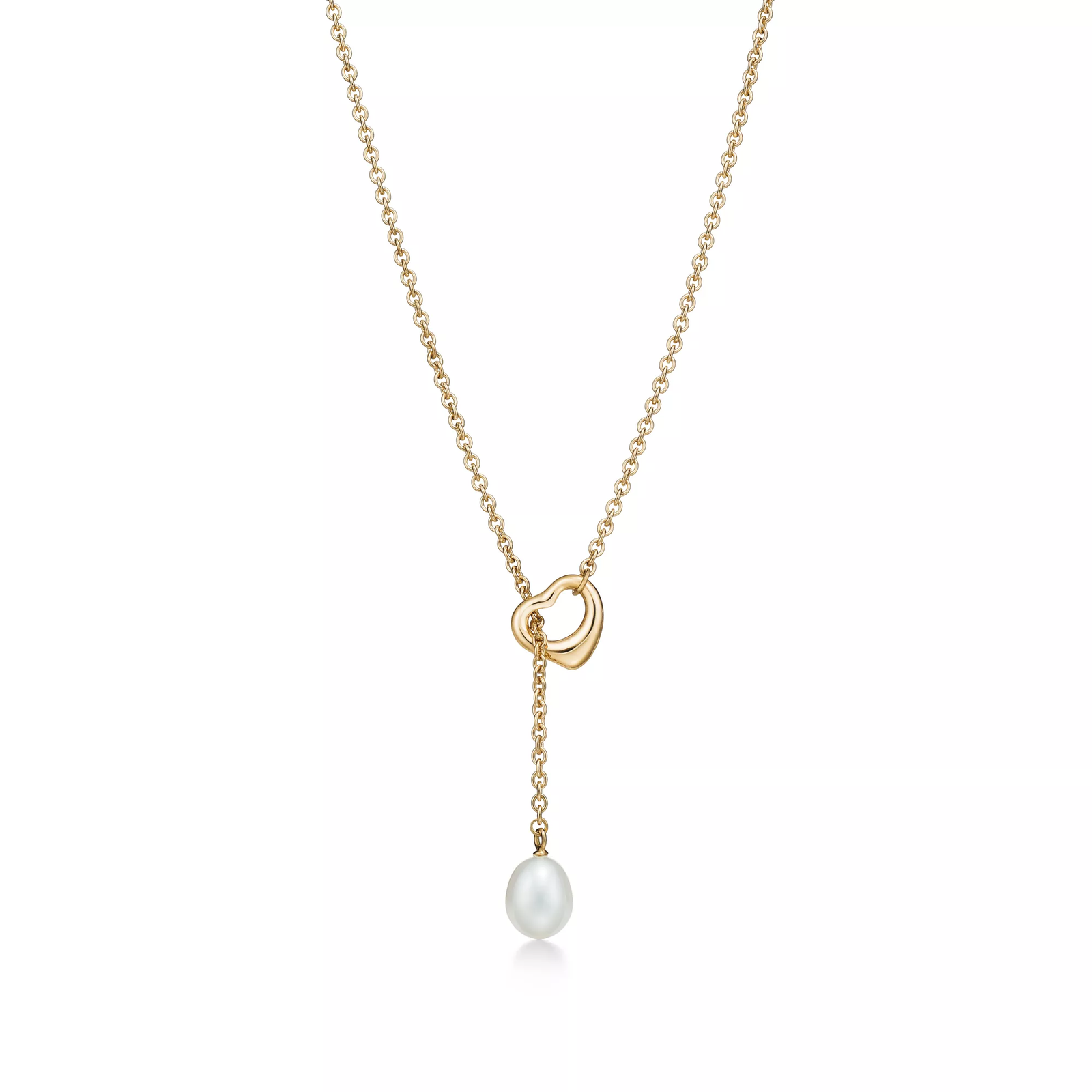 Open Heart Lariat Necklace in Yellow Gold with Pearls, 7.5-8 mm