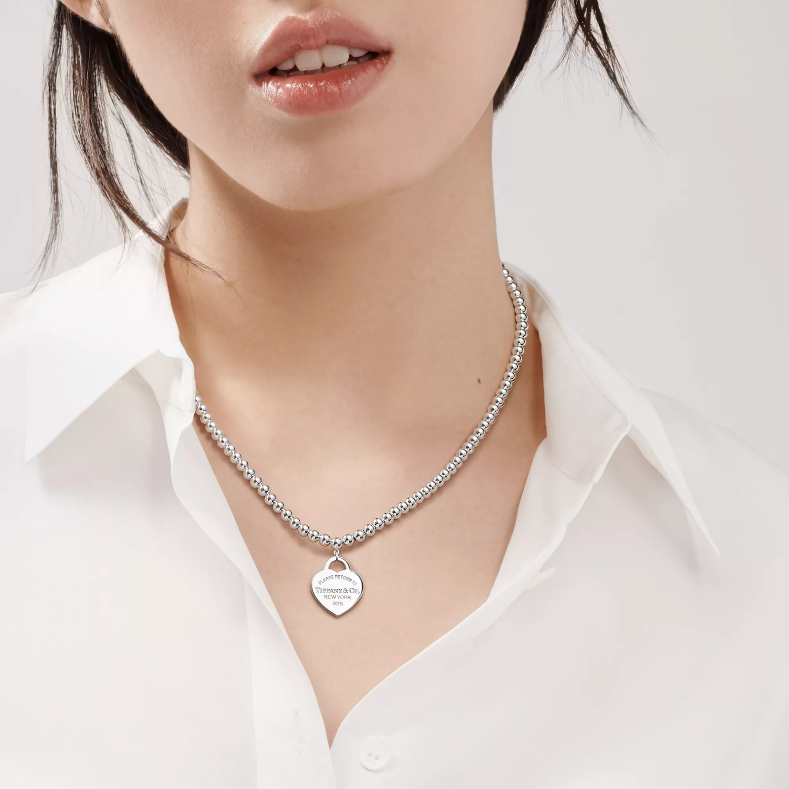 Heart Tag Bead Necklace in Silver