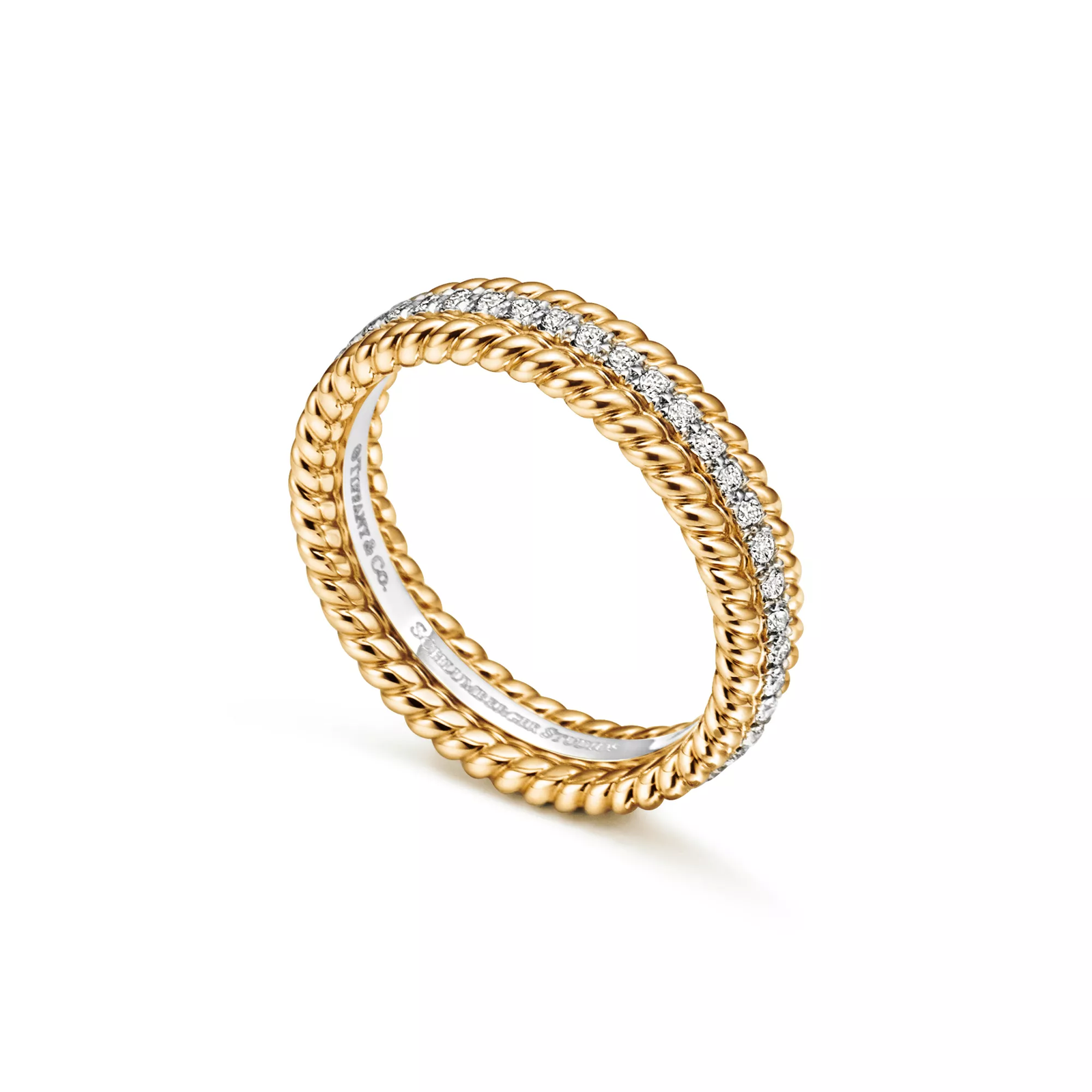Two-row Ring in Yellow Gold and Platinum with Diamonds