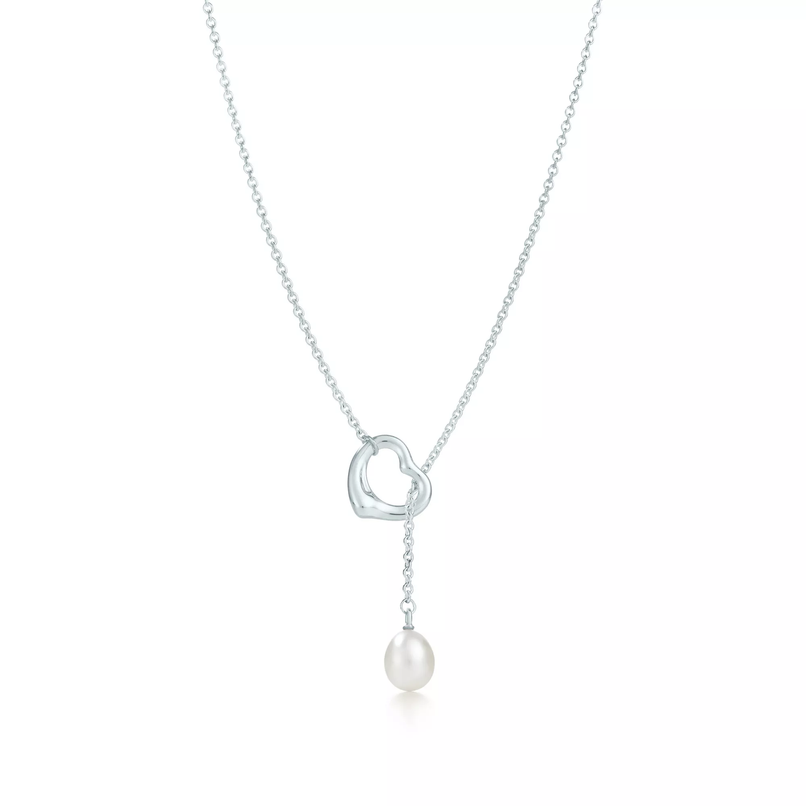 Open Heart Lariat Necklace in Silver with a Pearl