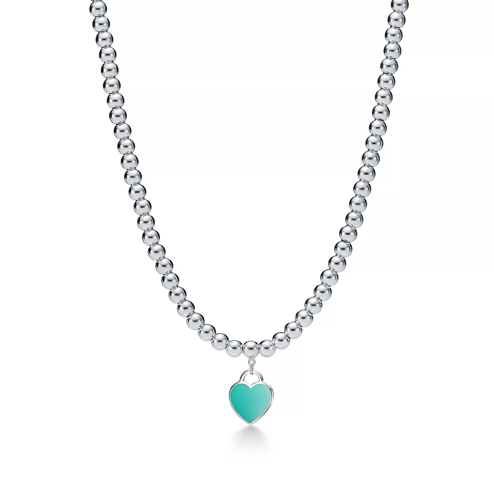Tiffany Blue Heart Tag Bead Necklace in Silver