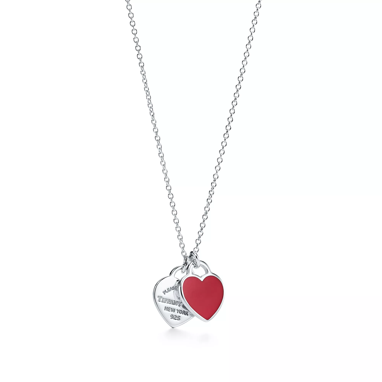 Red Double Heart Tag Pendant in Silver, Mini