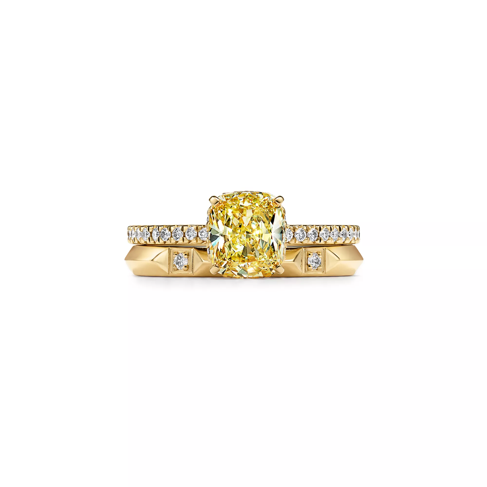 Engagement Ring with a Cushion-cut Yellow Diamond and an 18k Yellow Gold Diamond Band