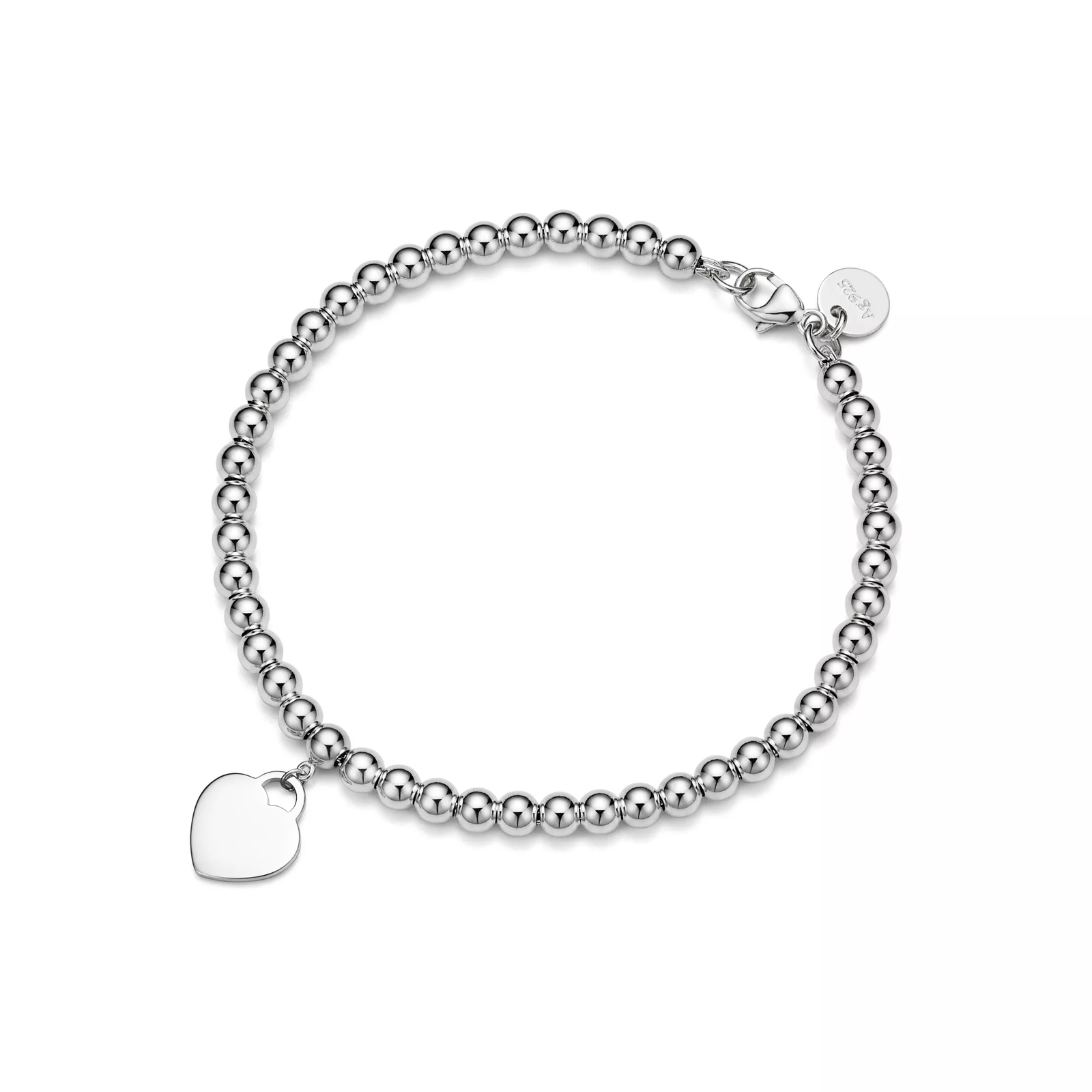 Heart Tag Bead Bracelet in Silver with a Diamond, 4 mm