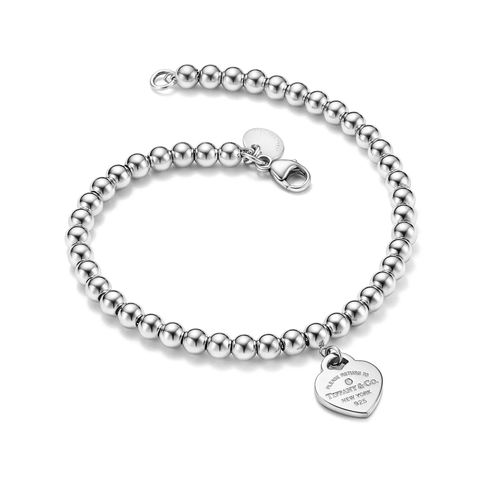 Heart Tag Bead Bracelet in Silver with a Diamond, 4 mm