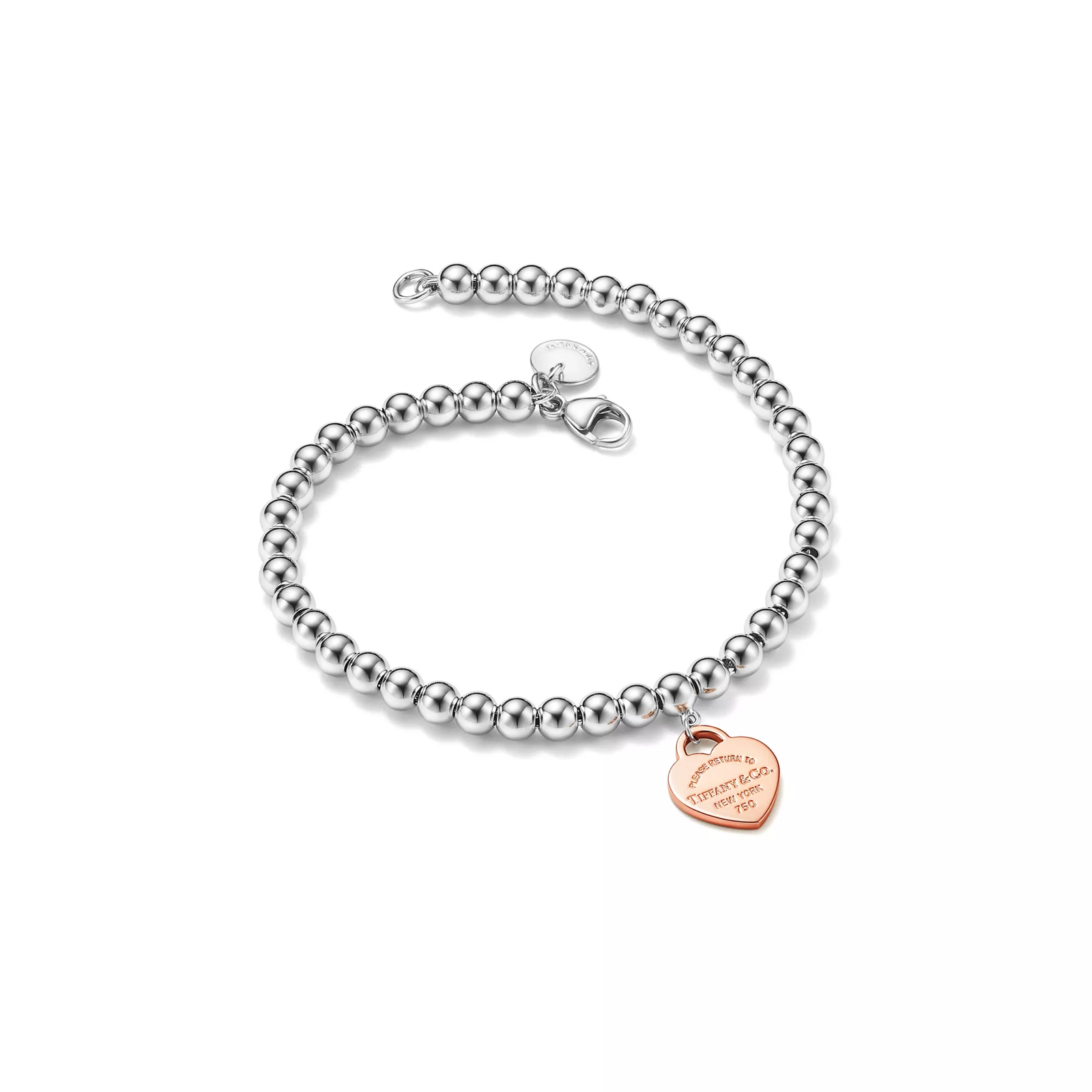 Heart Tag Bead Bracelet in Sterling Silver and Rose Gold, 4 mm