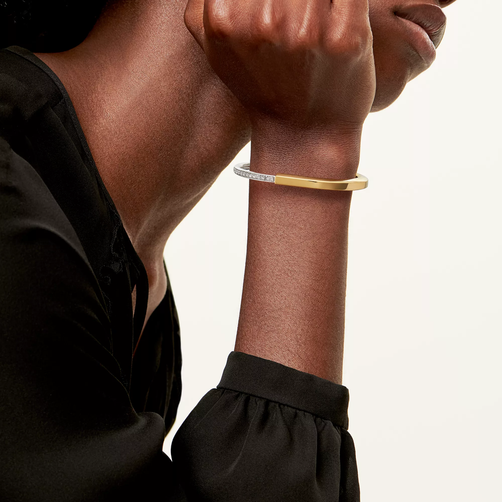 Bangle in Yellow and White Gold with Half Pave Diamonds
