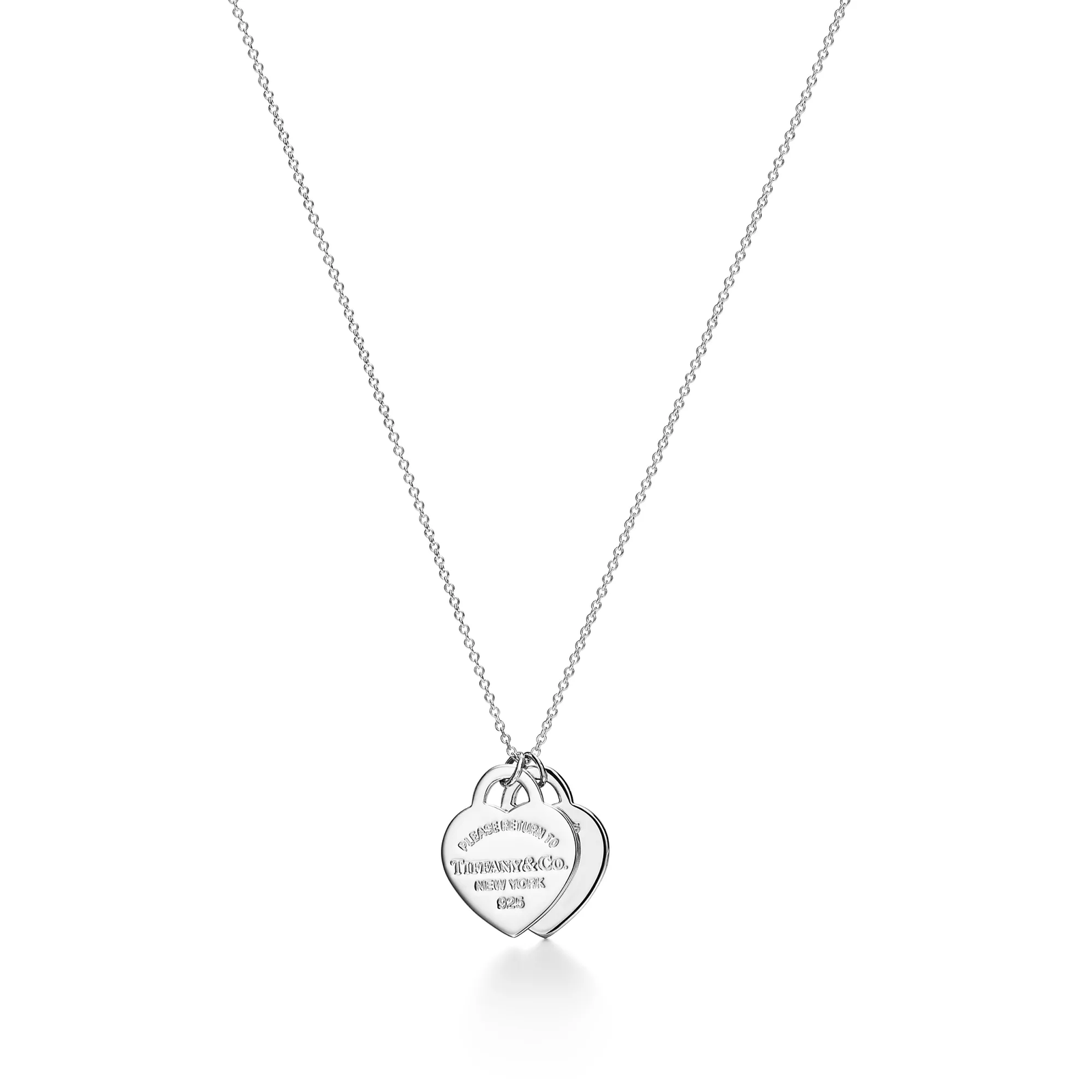 Blue Double Heart Tag Pendant in Silver with a Diamond, Small