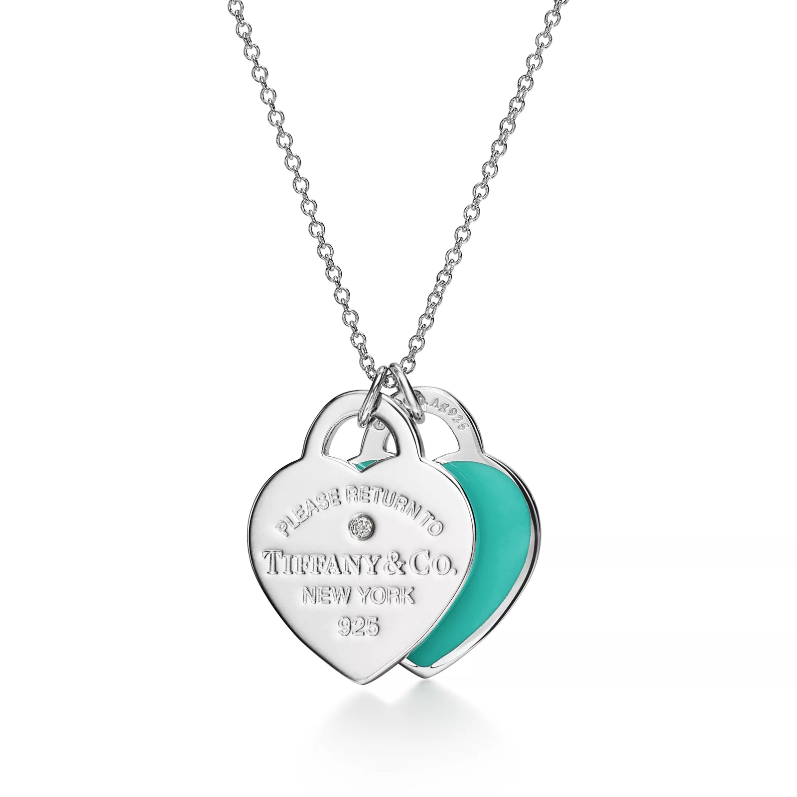Blue Double Heart Tag Pendant in Silver with a Diamond, Small