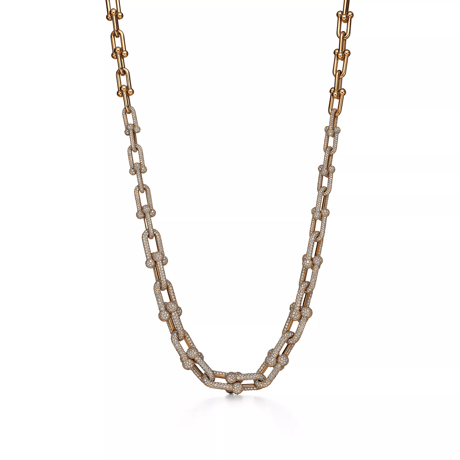 Graduated Link Necklace in Yellow Gold with Pave Diamonds