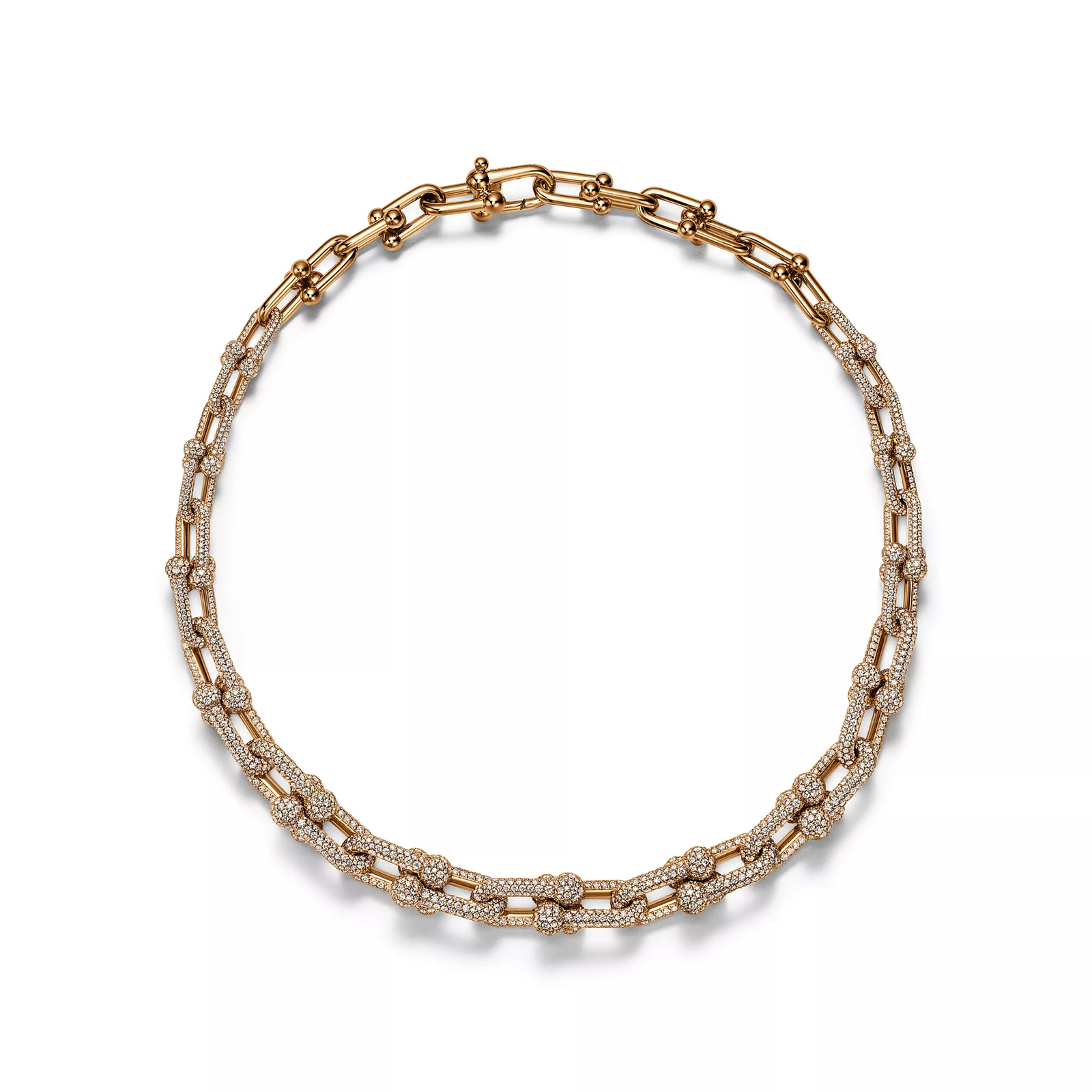 Graduated Link Necklace in Yellow Gold with Pave Diamonds