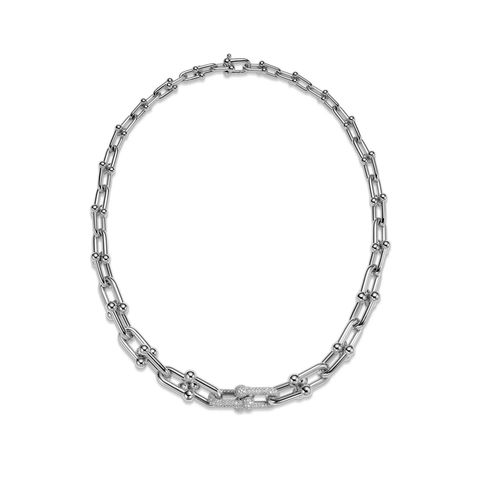 Graduated Link Necklace in White Gold with Diamonds
