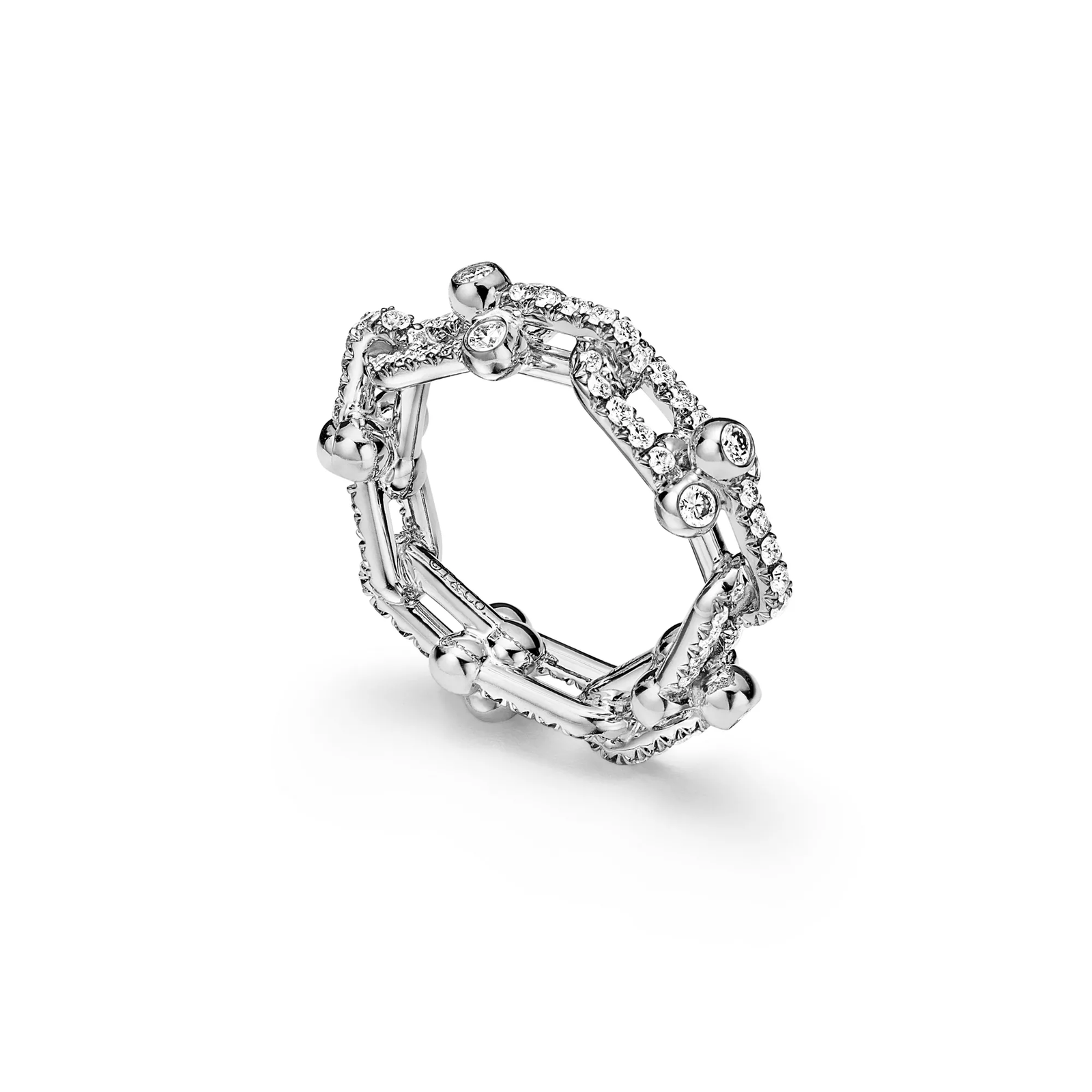 Small Link Ring in White Gold with Pave Diamonds