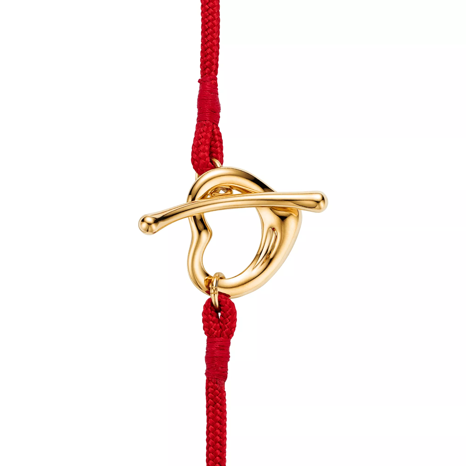 Open Heart Bracelet in Yellow Gold on a Red Silk Cord