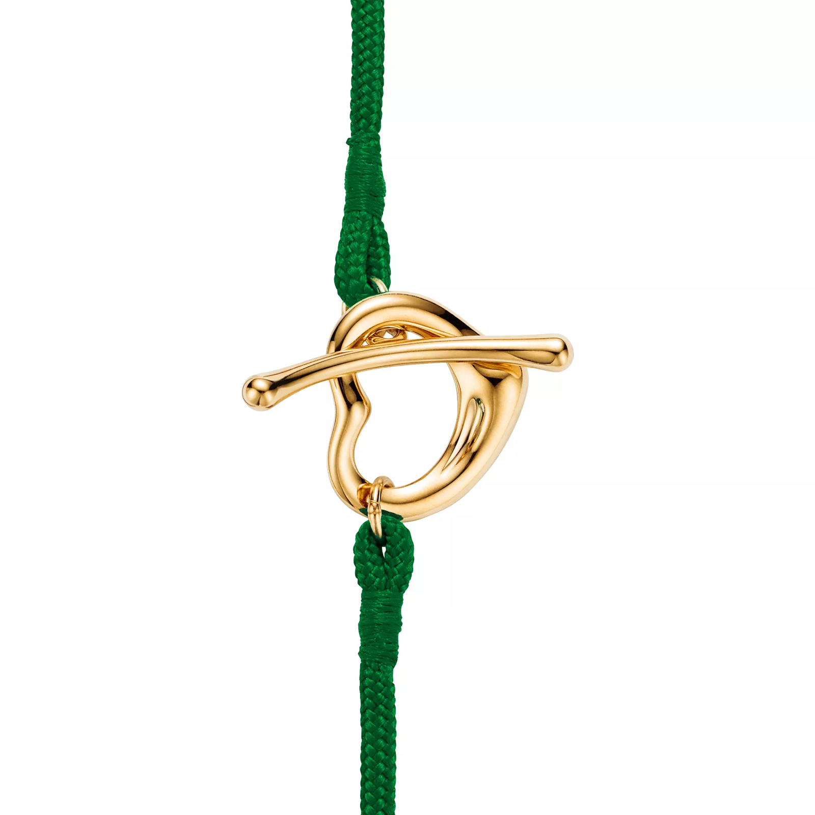 Open Heart Bracelet in Yellow Gold on a Green Silk Cord