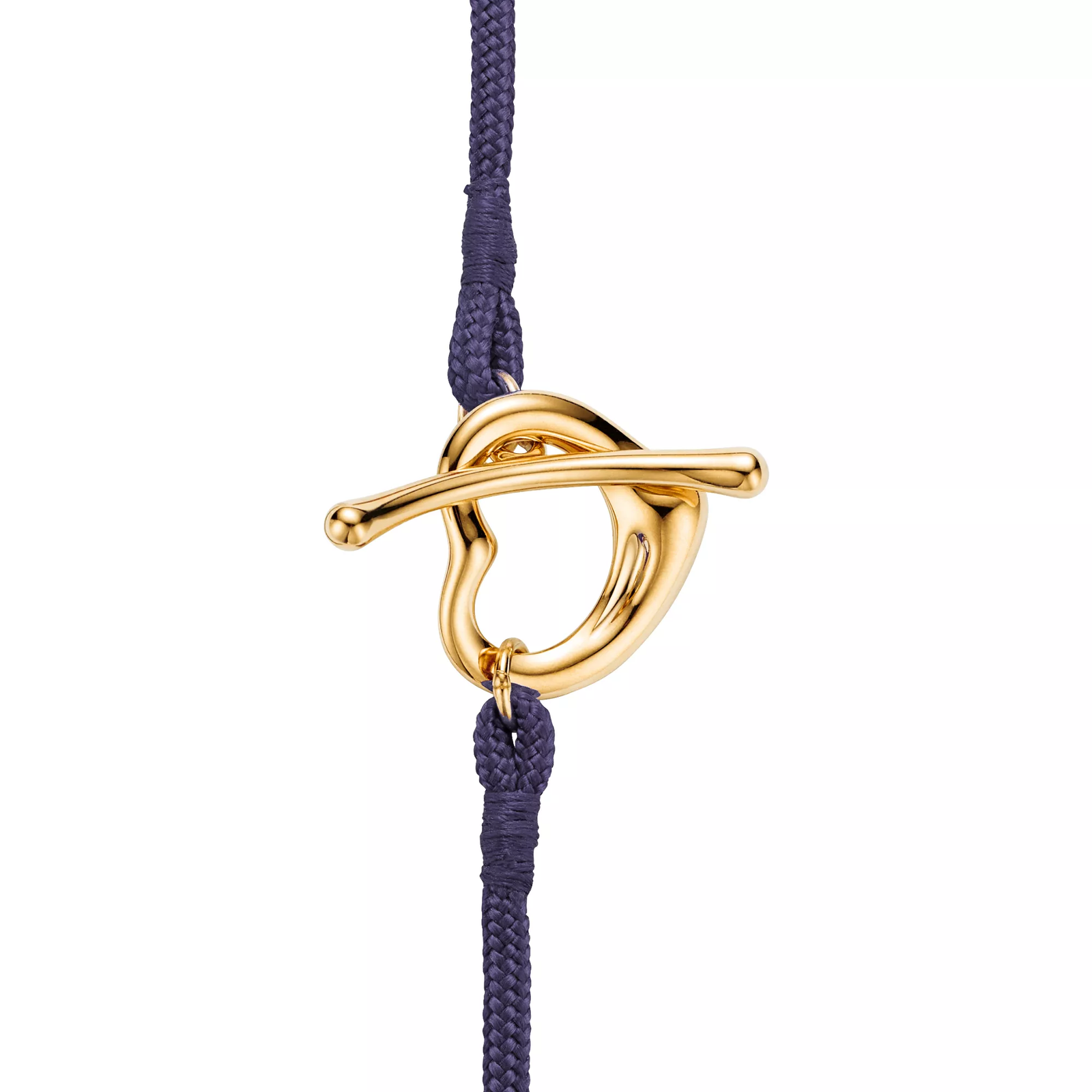 Open Heart Bracelet in Yellow Gold on a Purple Silk Cord