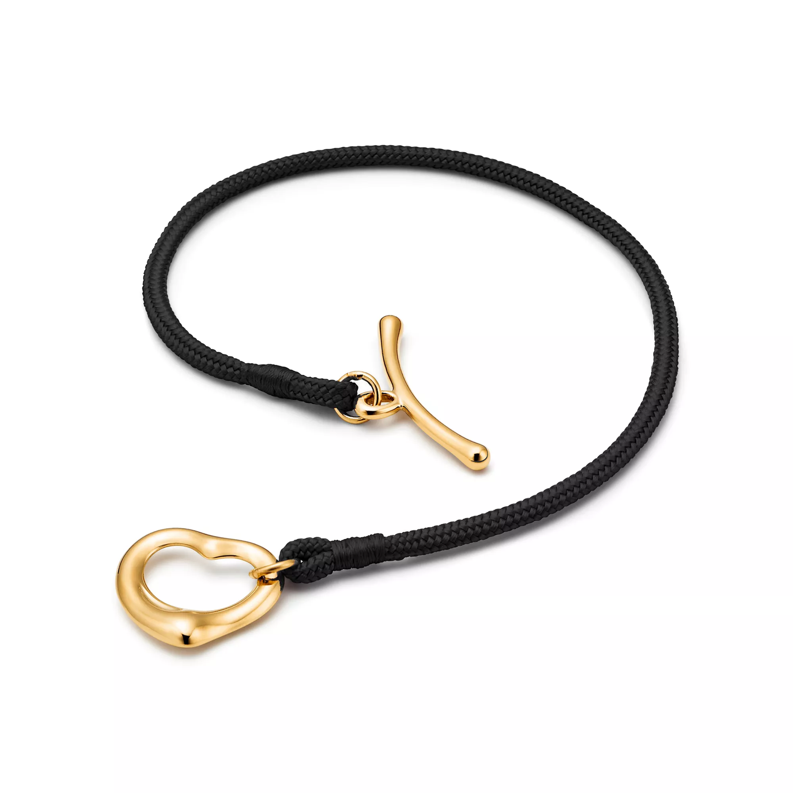 Open Heart Bracelet in Yellow Gold on a Black Silk Cord