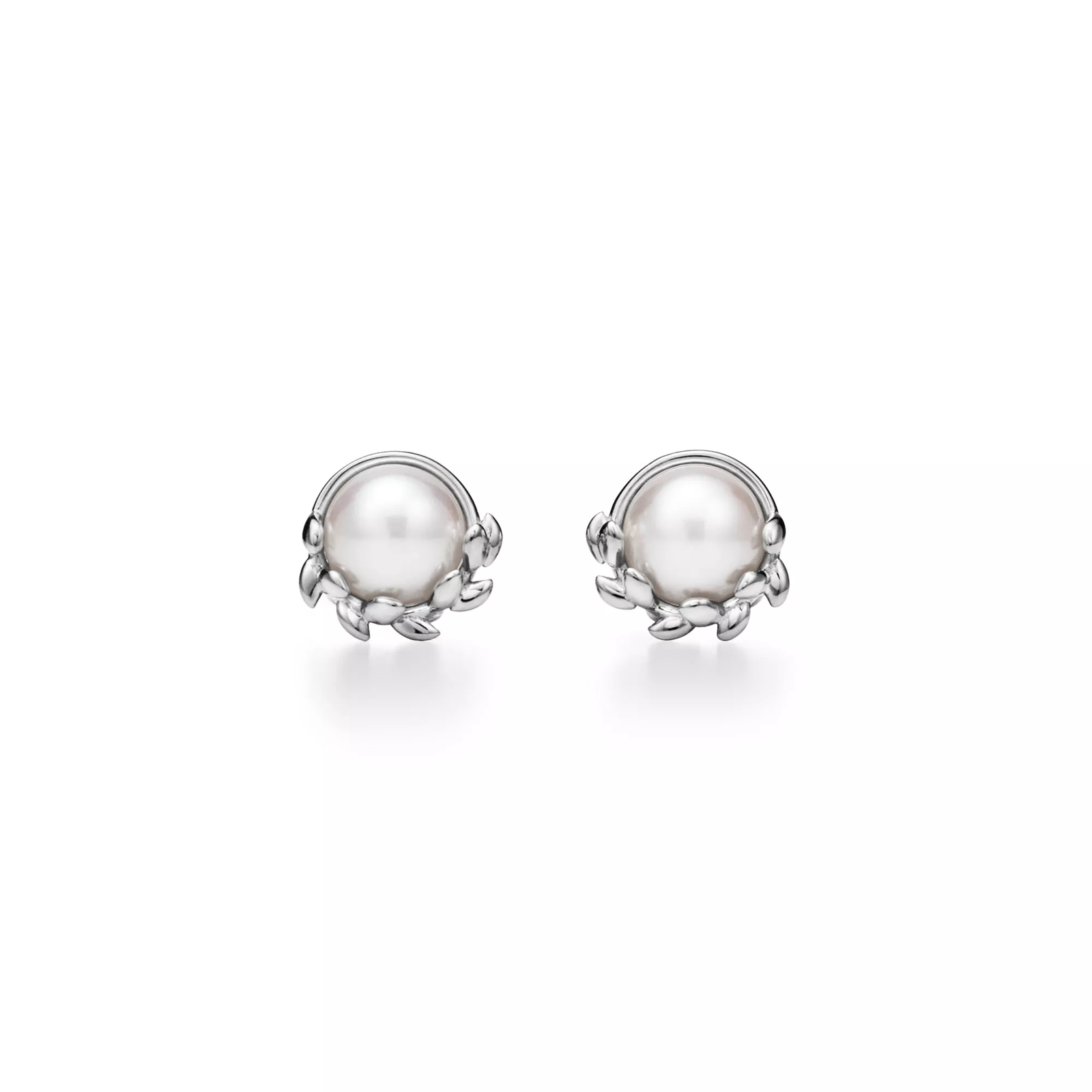 Olive Leaf Stud Earrings in Sterling Silver with Pearls