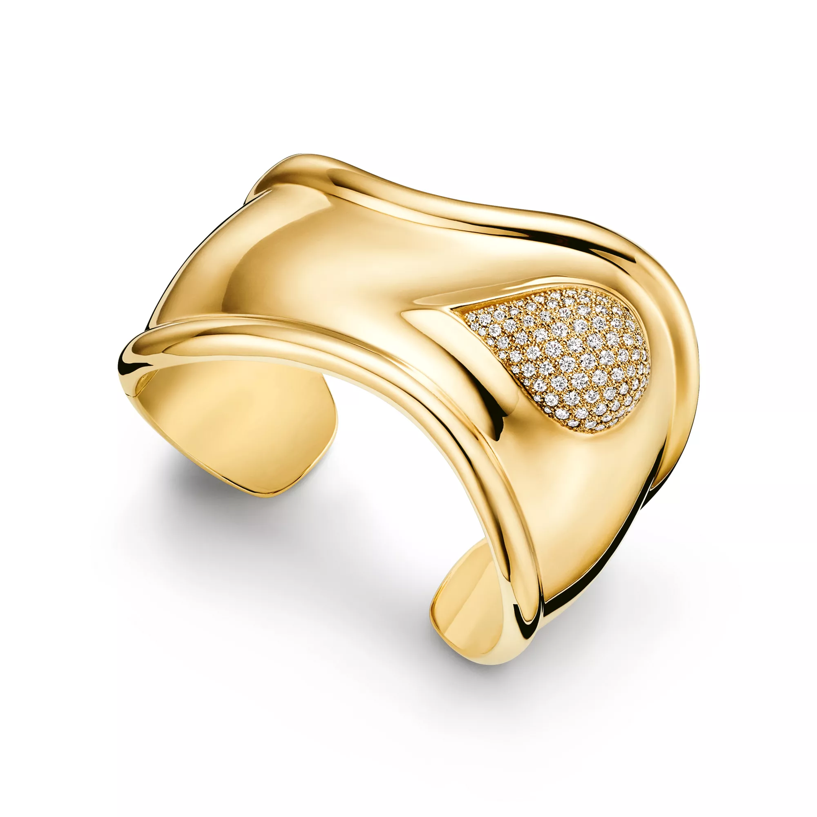 Bone Cuff in Yellow Gold with Pave Diamonds, 43 mm Wide