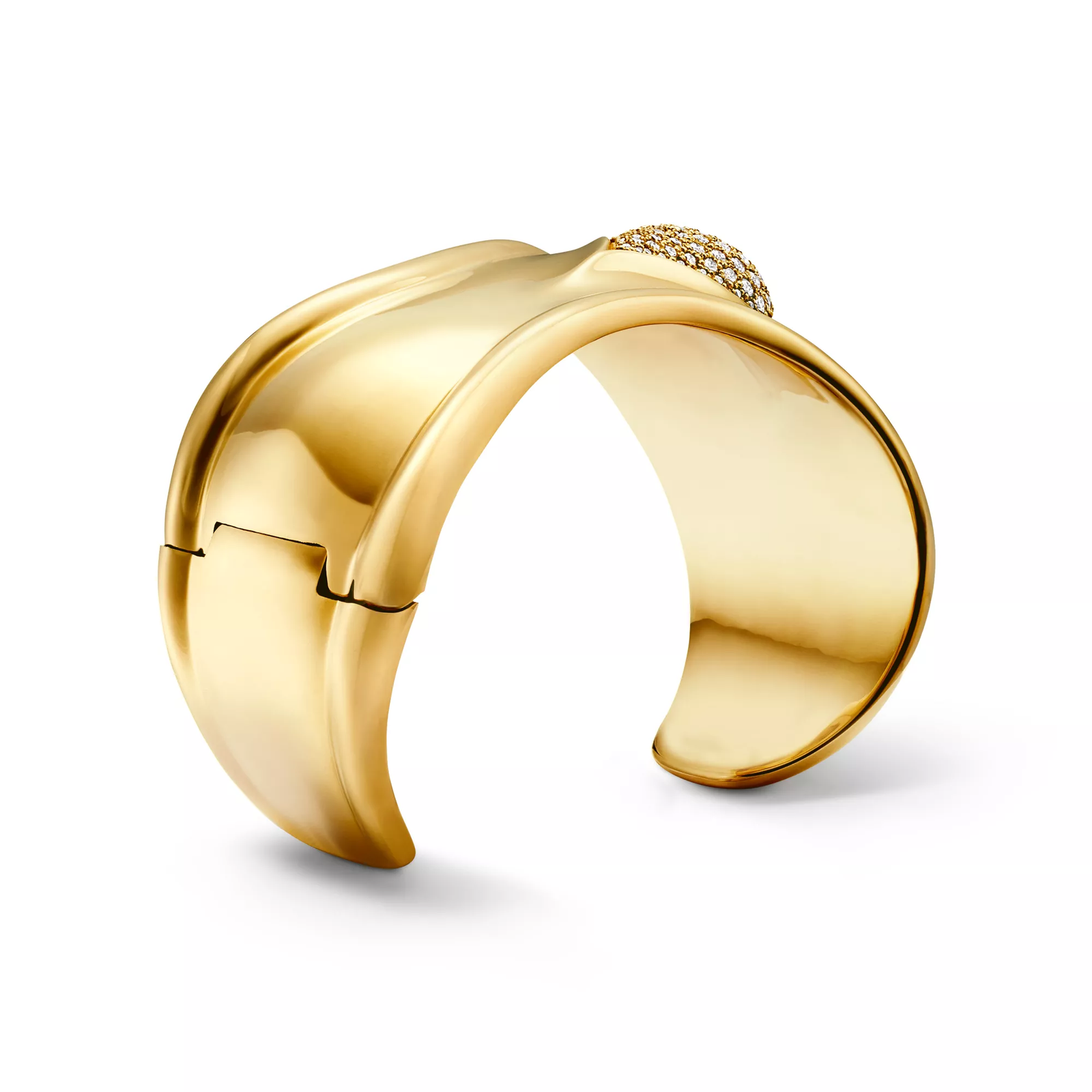 Bone Cuff in Yellow Gold with Pave Diamonds, 43 mm Wide