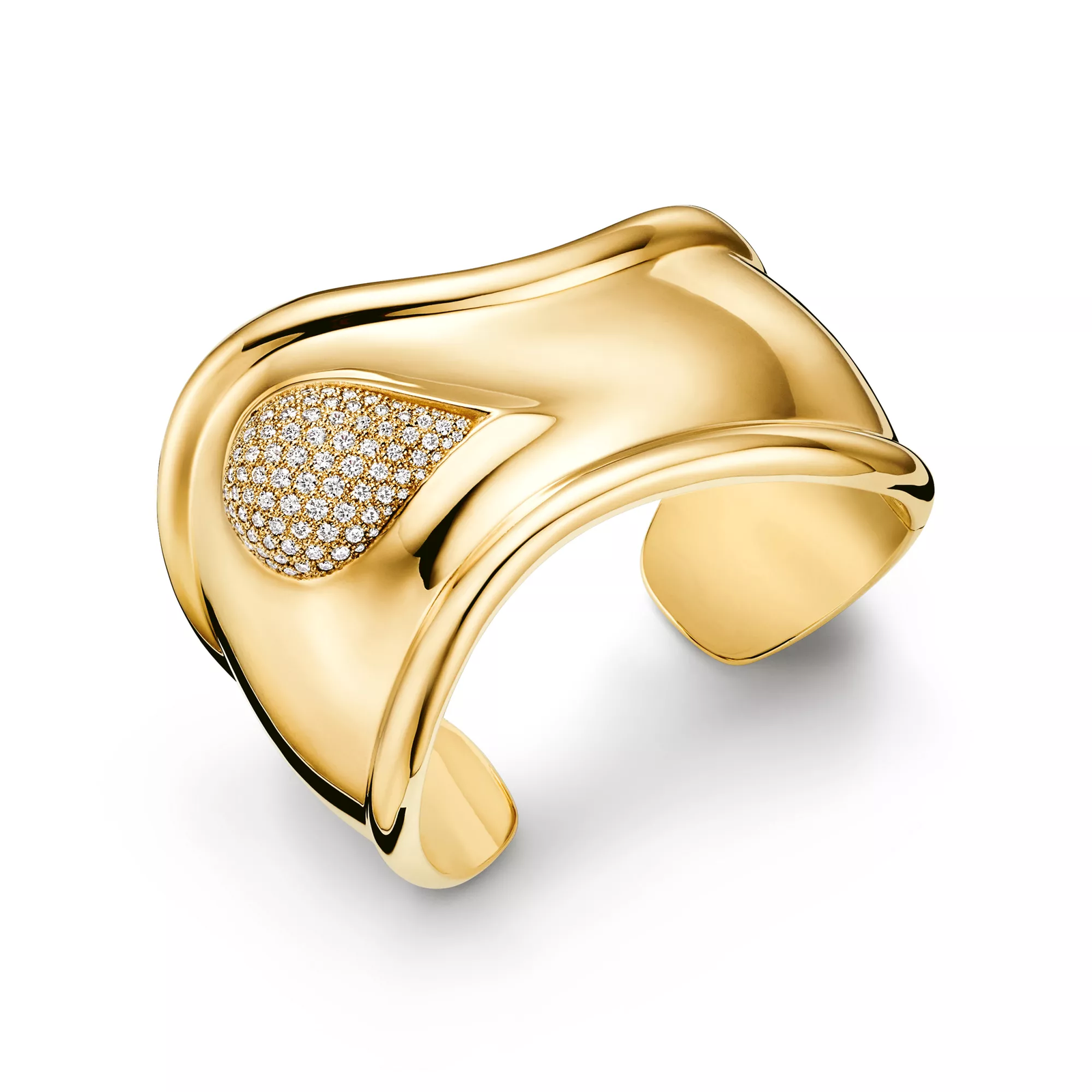 Bone Cuff in Yellow Gold with Pave Diamonds, 43 mm Wide