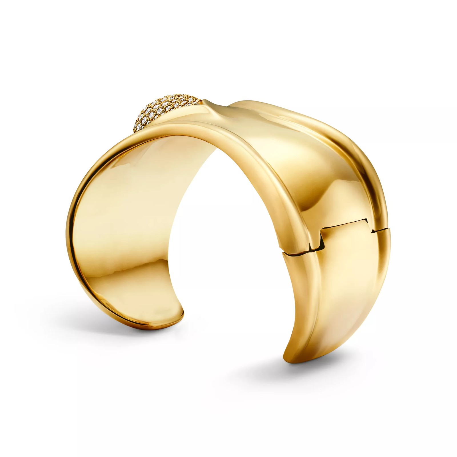Bone Cuff in Yellow Gold with Pave Diamonds, 43 mm Wide