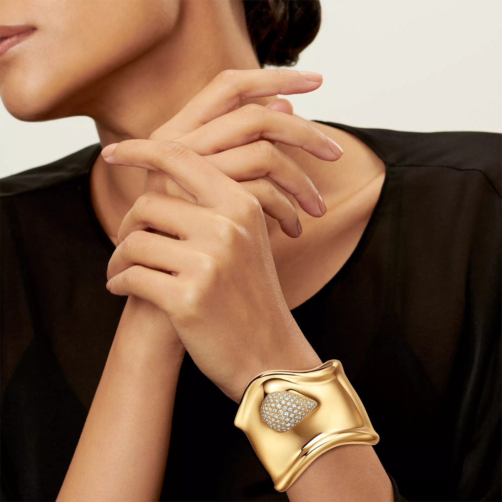 Bone Cuff in Yellow Gold with Pave Diamonds, 61 mm Wide