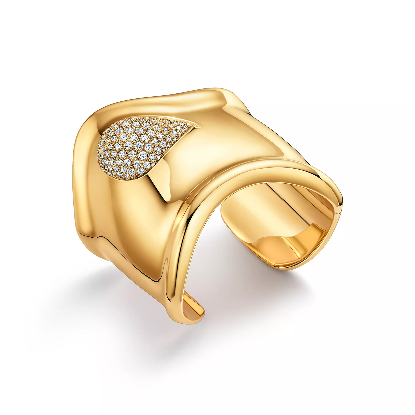 Bone Cuff in Yellow Gold with Pave Diamonds, 61 mm Wide