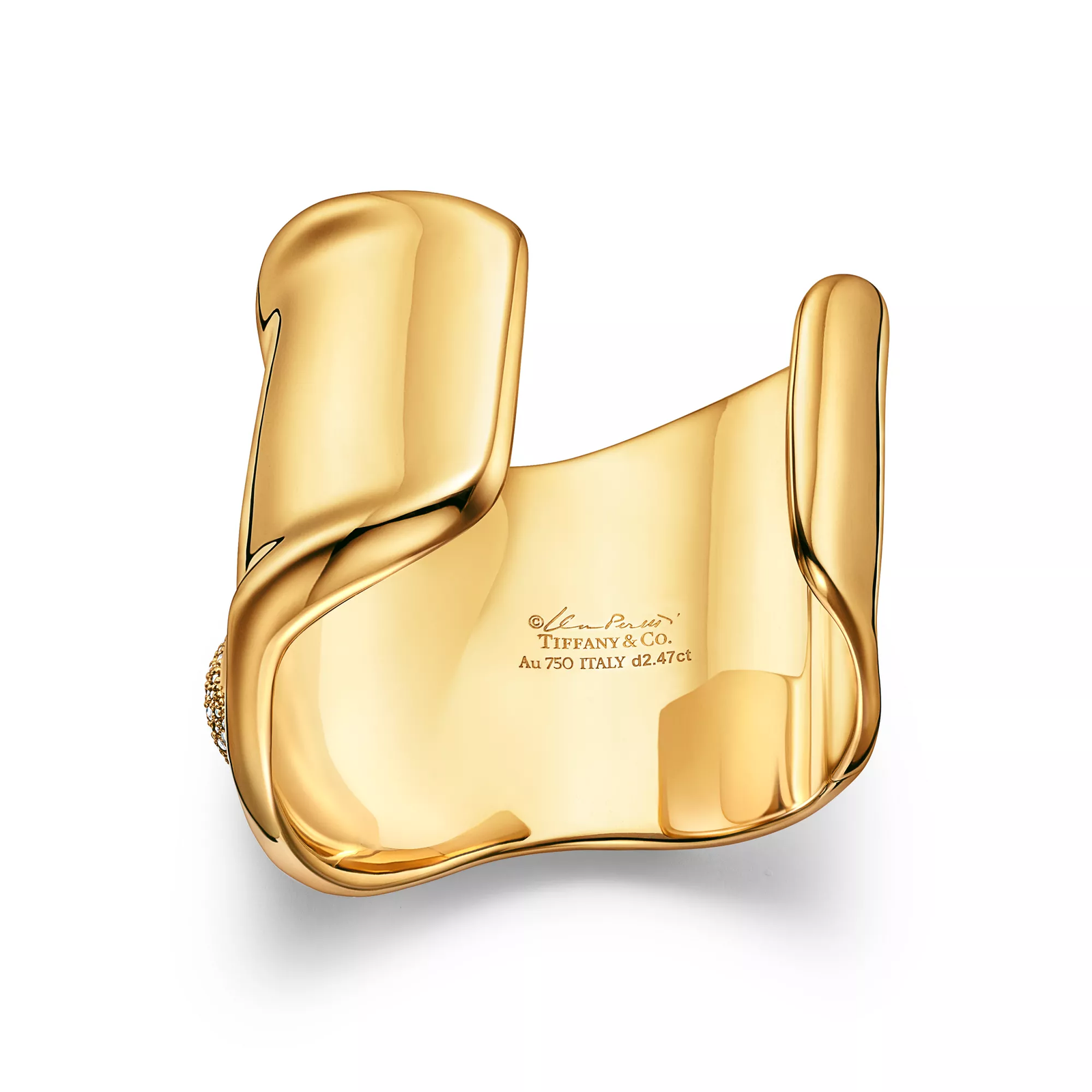 Bone Cuff in Yellow Gold with Pave Diamonds, 61 mm Wide