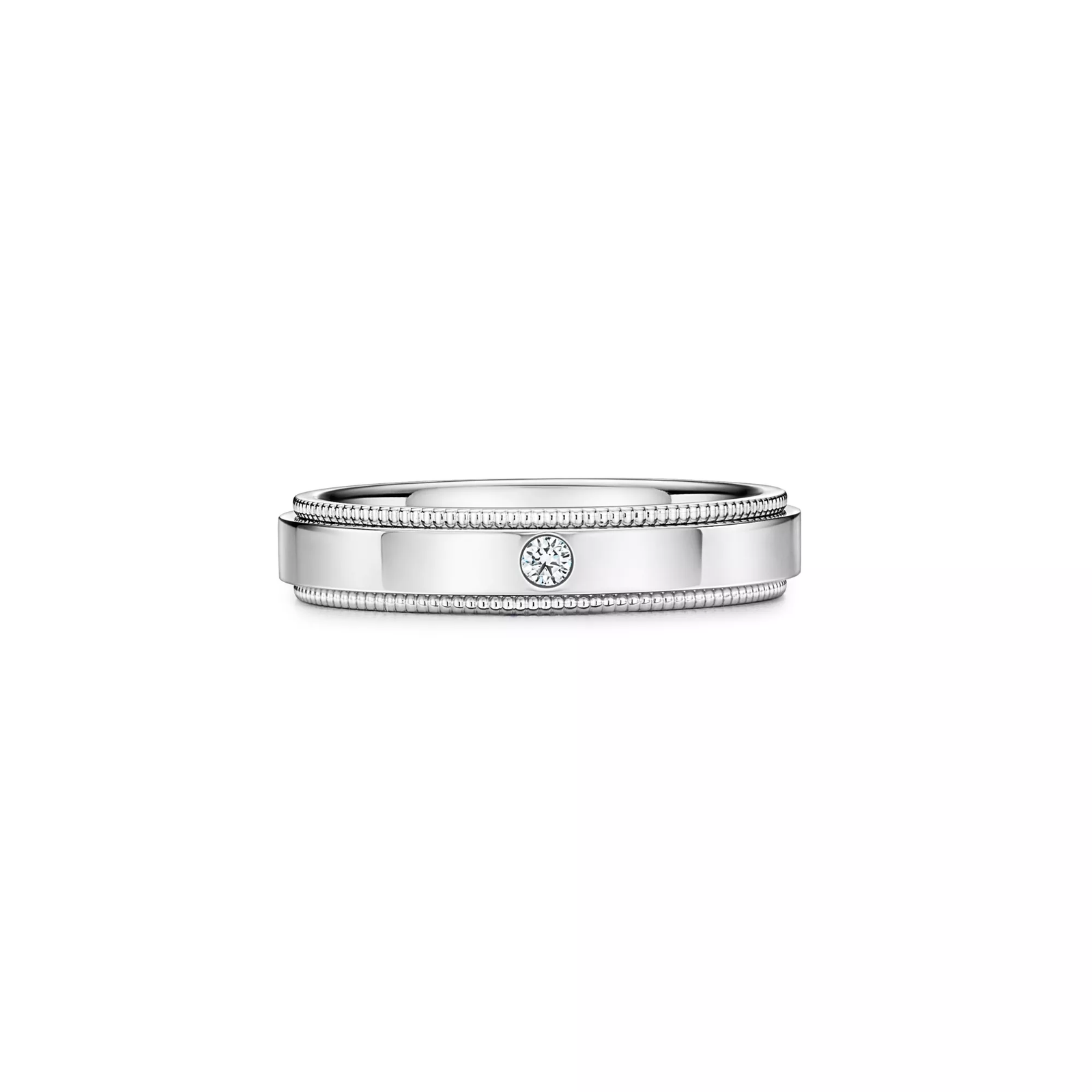 Milgrain Band Ring in Platinum with a Diamond, 4 mm Wide