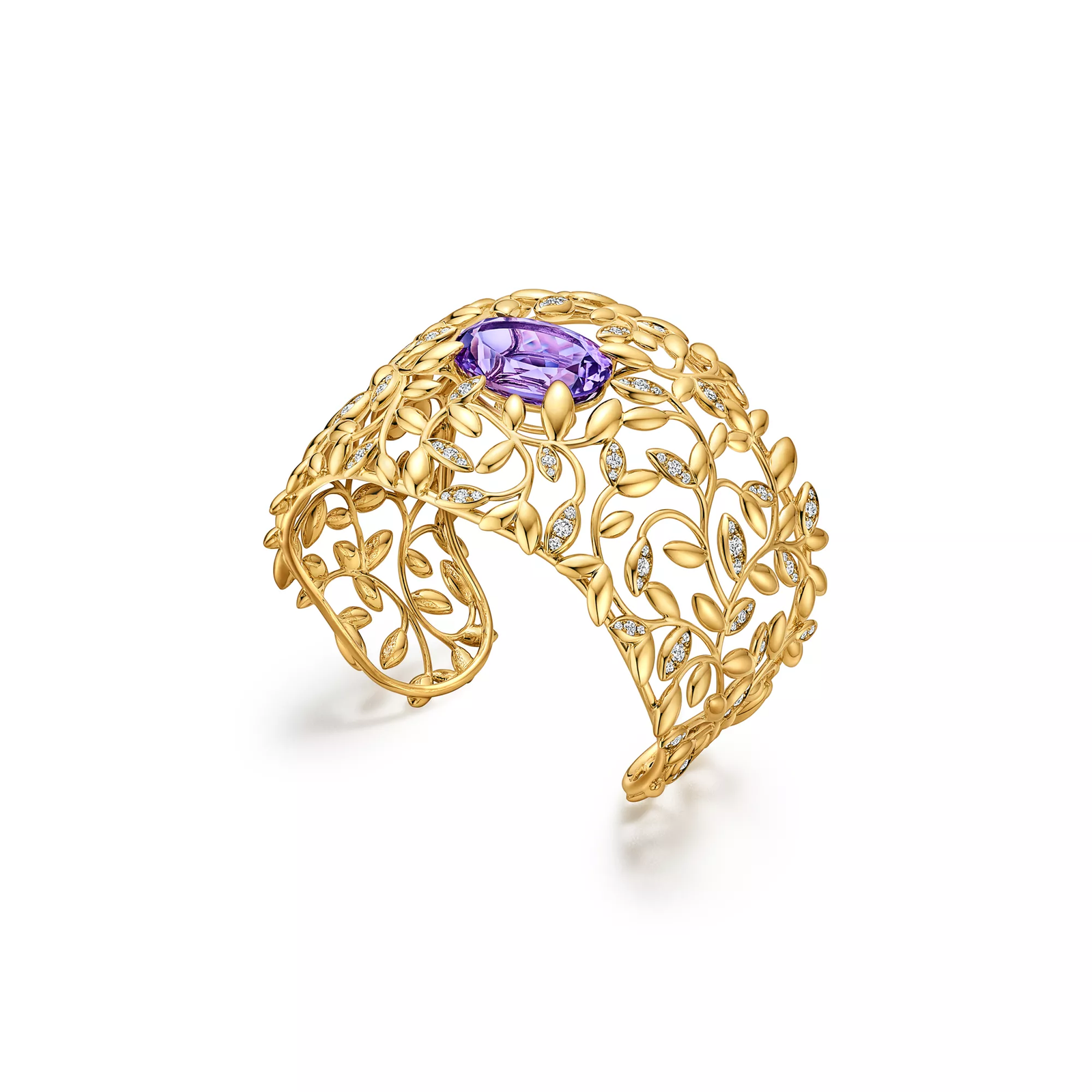Olive Leaf Amethyst Cuff in Yellow Gold with Diamonds